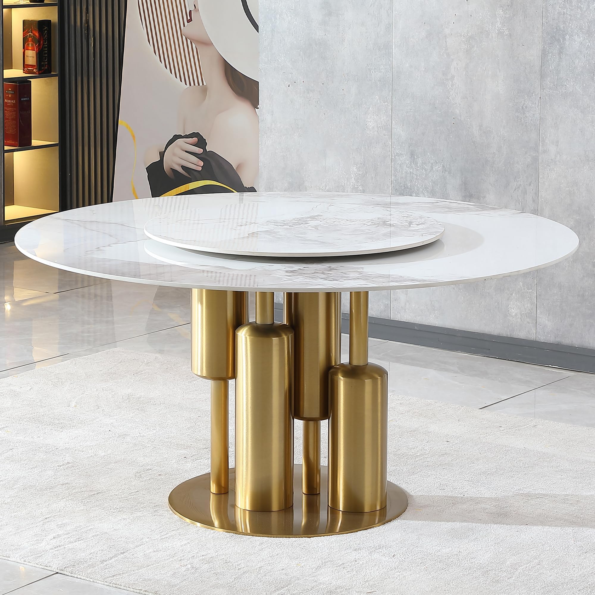 Modern 59" Round Marble Dining Table with Sintered Stone & 360° Lazy Susan for Dining Room, Kitchen, & Compact Spaces (Table Only)