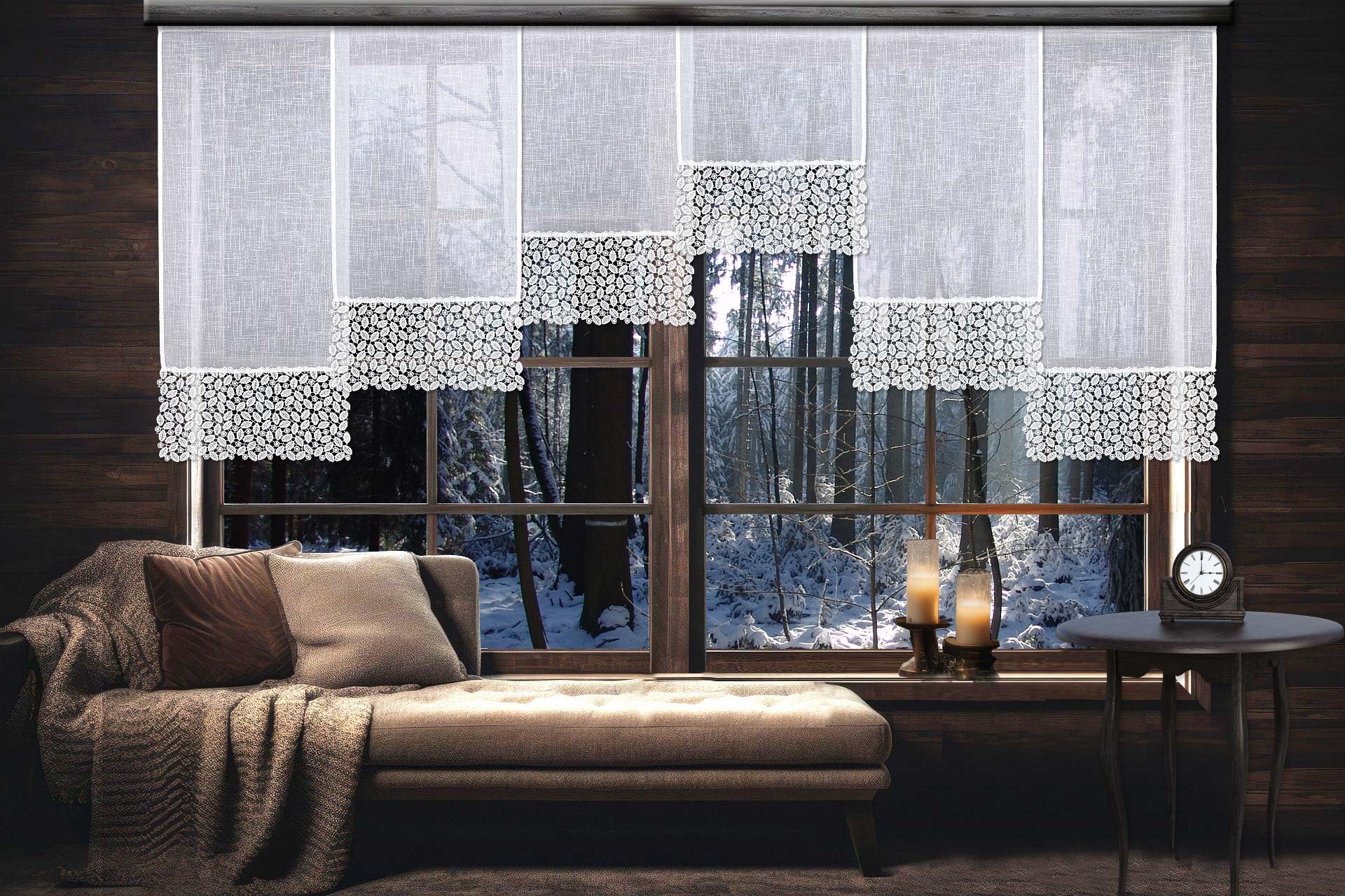 Flächenvorhang Carmelita mit Vogtländischer Spitze weiß | Landhaus-Flächengardine in Käseleinenoptik | Schiebepaneele mit moderner Stickerei handgefertigt | Schiebegardine Höhe x Breite 80 x 40 cm