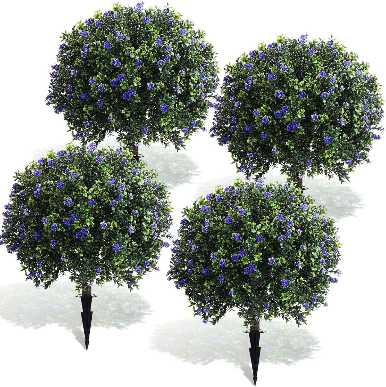 Yunlly 4 Pcs Artificial Flowers Fake Boxwood Topiary Ball Tree 27 Inch Outdoor Faux Bush Balls, Realistic UV Resistance Fake Shrub Plant with Spike for Garden Porch Patio Indoor Decor (Purple) Purple 4