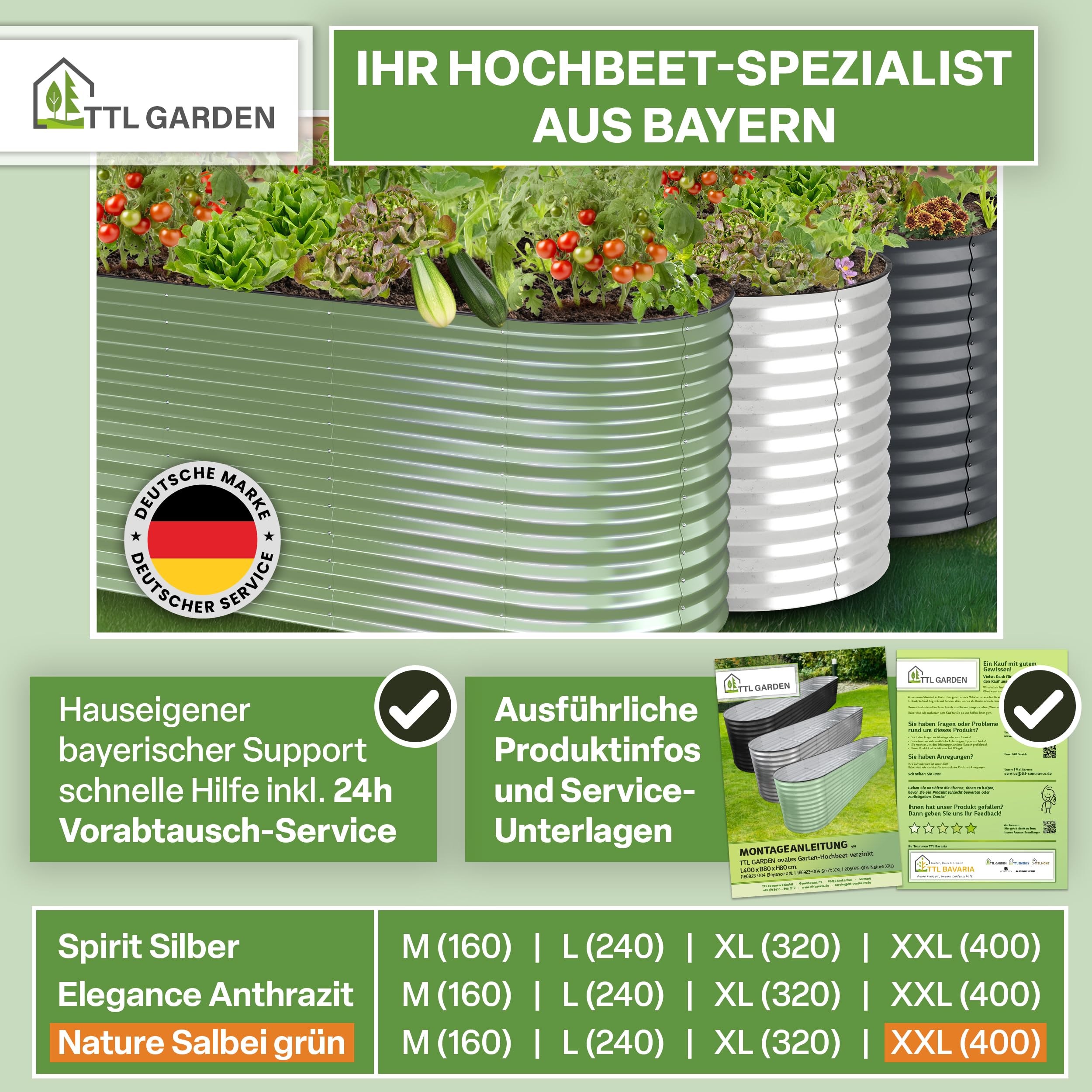 TTL GARDEN 400x80x80cm Nature XXL Metall Hochbeet Salbeigrün Stahl verzinkt | - Rostfrei verzinkt lackiert Wellblech oval 80cm hoch sehr stabil Garten Beet für Gemüse Kräuter Blumen Gartenbeet Gemüsebeet