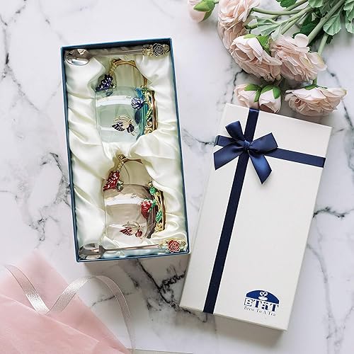 Miniatura 6 de BTaT- Juego de tazas de té de vidrio floral con tapas y cuchara, paquete de 2, 11 onzas, azul y rojo, diseño de flores con caja de regalo, tazas de