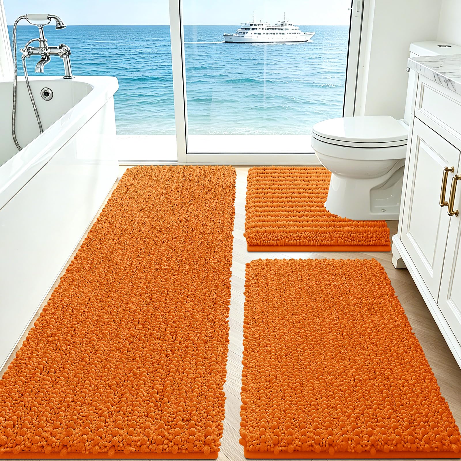 ACCUMTEK Upgrade Extra Large Orange Bathroom Rug Set 3 Pieces Ultra Soft, Thick Absorbent Bath Mats, Non Slip Chenille Toilet Mat for Bathroom, Bedroom, Kitchen