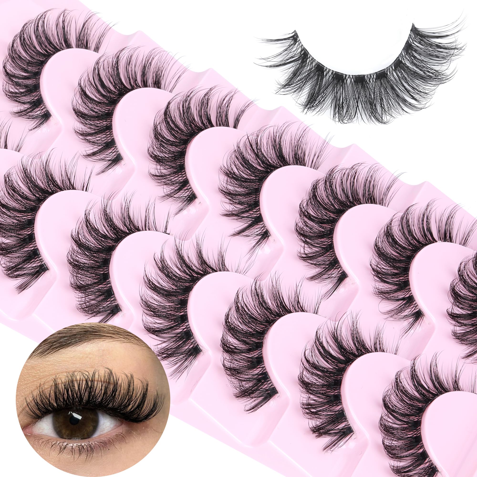 JIMIRENatural False Eyelashes with Clear Band Mink Fluffy Lashes D Curl Strip Lashes 16MM Volume Faux Mink Lashes Natural Look like Lash Extension 5D Cat Eye Lashes 7 Pairs Pack