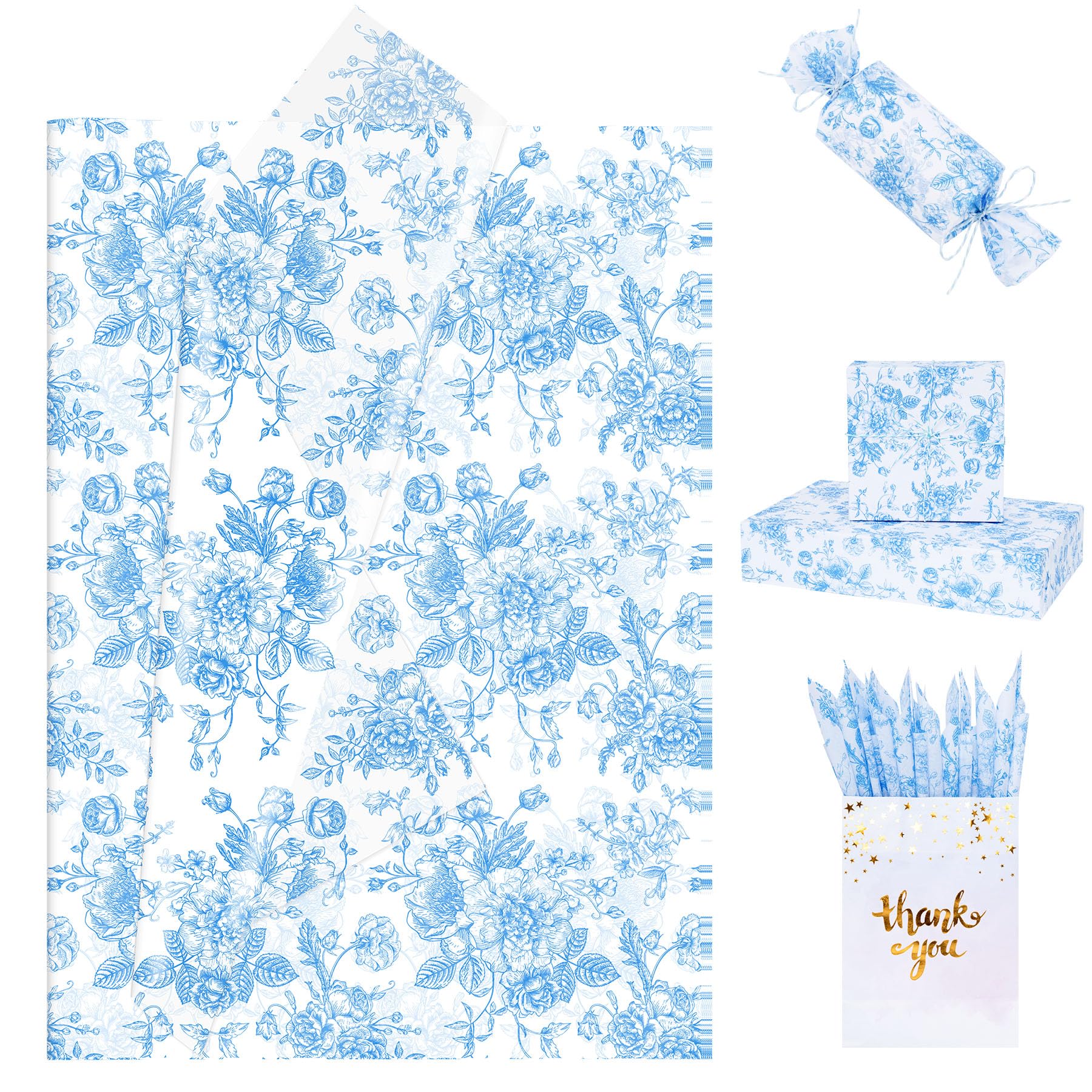 Larcenciel Vintage Floral Tissue Paper, 60 Sheets Bright Blue White Tissue Paper for Wrapping Gifts, Rose Peony Patterned Gift Wrapping Paper, Matte Art Bouquet Paper for Wedding Party Craft, 50x35CM