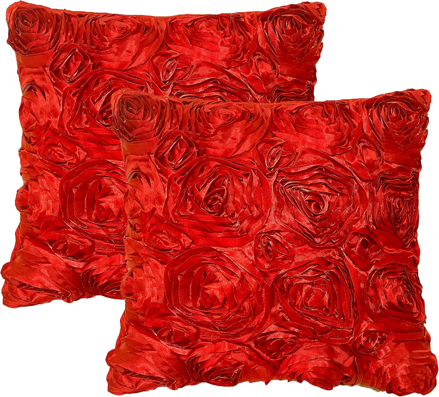 Soft Decorative Satin Rose Throw Pillow Covers for Easter Lumbar Fall Sofa Couch Bed Cushion Case, Living Room Bedroom Wedding Party Car Decor, Set of 2, 16'' x 16'', Red Red 16'' x 16''