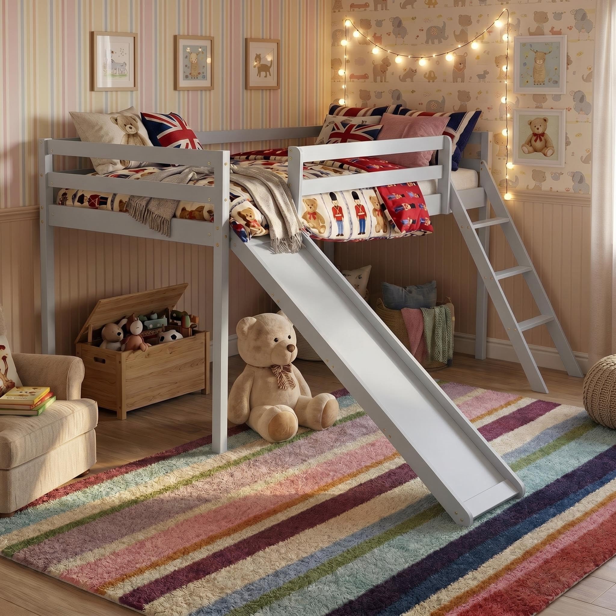 Panana Loft Bunk Bed with Slide, 3FT Single Bed Frame Wood cabin Bed for Kids (Grey, 02 Type)