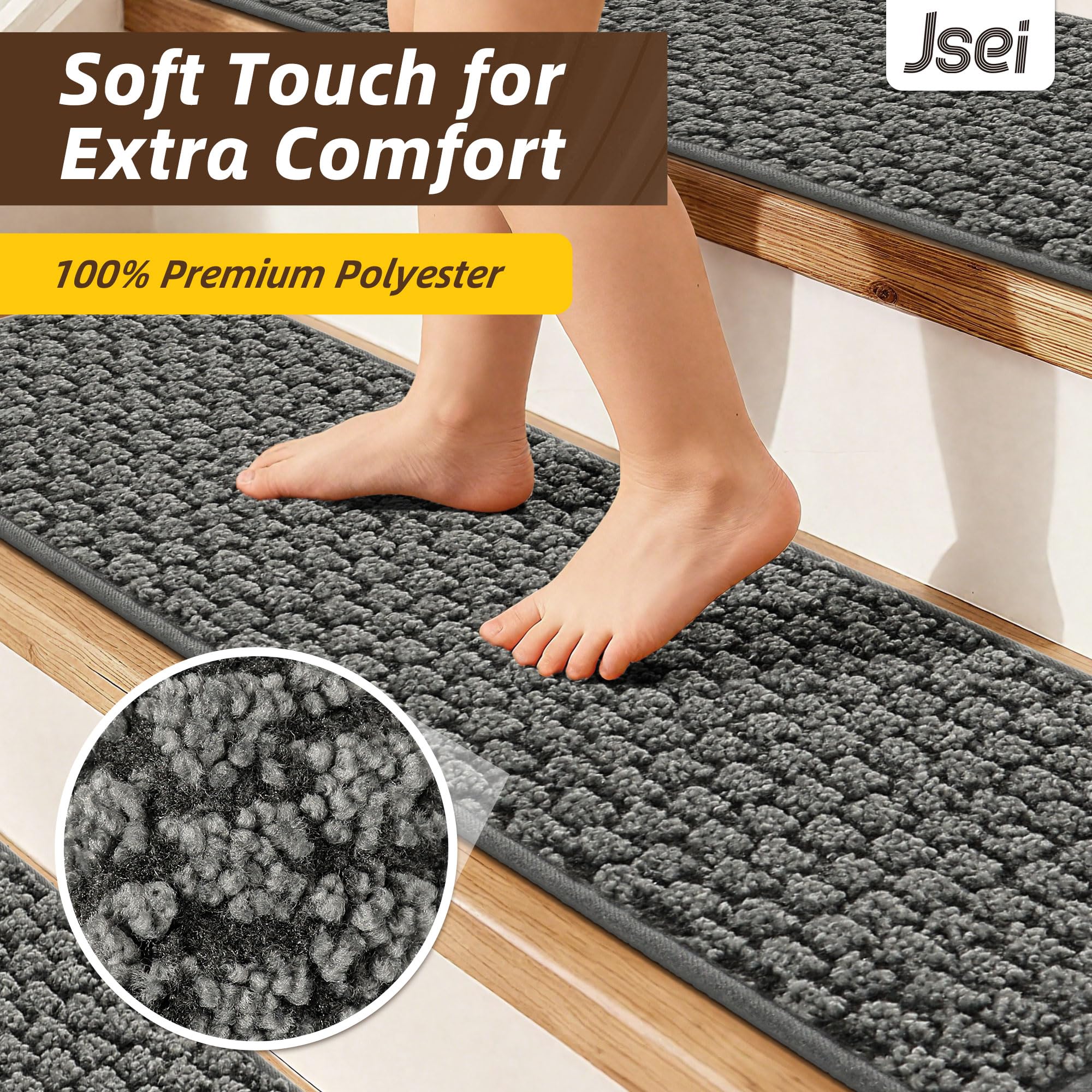 JSEI Stair Treads for Wooden Steps, 14 Pack 9" X 28" Non-Slip Machine Washable Carpet Stair Treads with TPE Backing, Soft Indoor Stair Rug Runner for Kids Elders & Pets, 100% Polyester, Beige — view 21