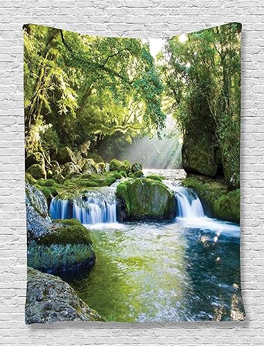 Ambesonne Tapiz de selva tropical, follaje selva montañas brumosas junto al río, imagen de rayos de sol, para colgar en la pared para dormitorio,