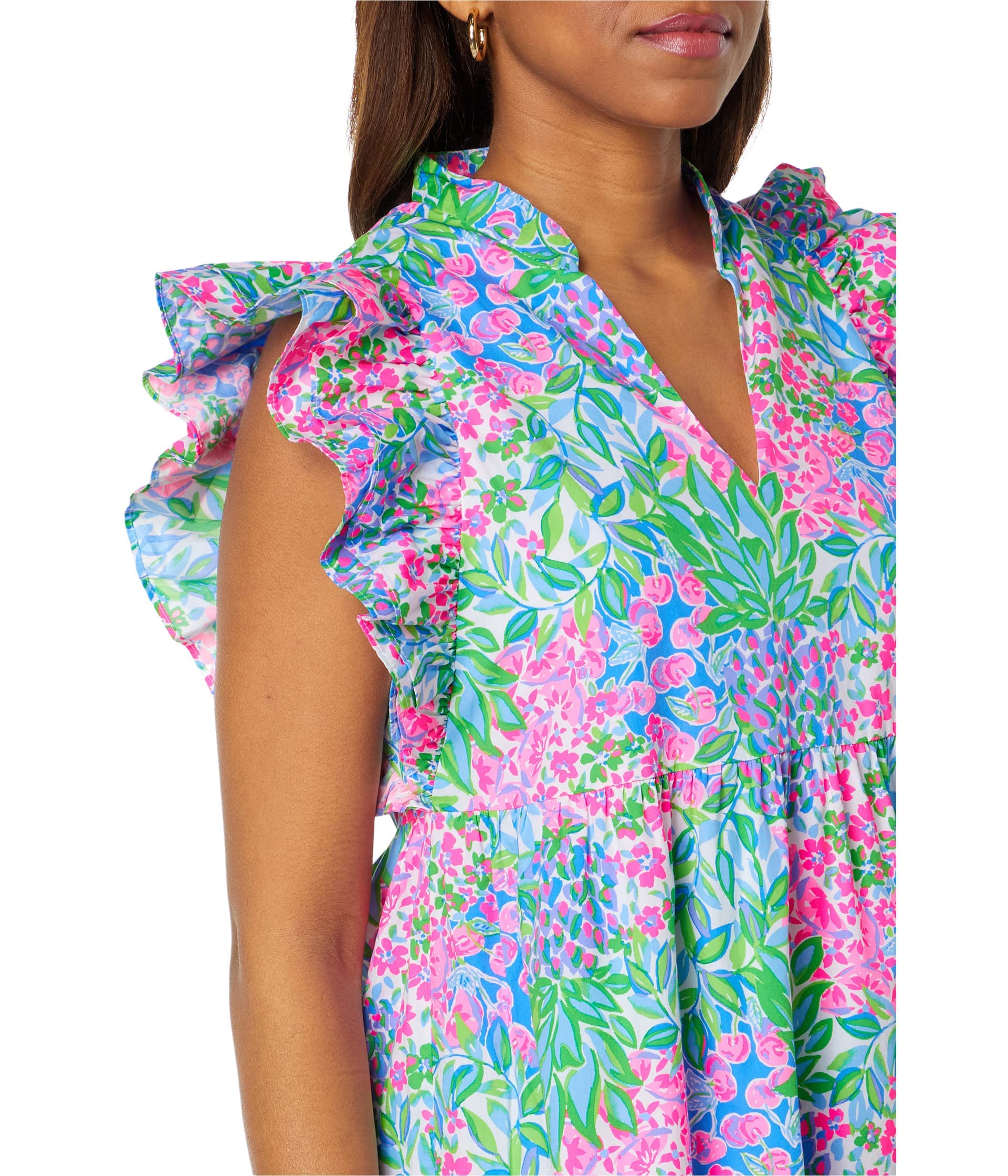 aldena ruffle sleeve cotton dress Lilly Pulitzer ALDENA RUFFLE SLEEVE DRESS Swing fit, tiered dress with a  notch neckline, short, double layer ruffle sleeves, and side seam pockets.  Material: Cotton Poplin (100% Cotton)