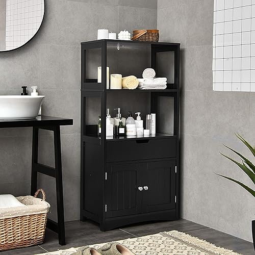 Miniatura 2 de Tangkula Armario de suelo de baño con cajón, 2 estantes abiertos y armario de puerta, gabinete de almacenamiento multiusos para baño, cocina, sala