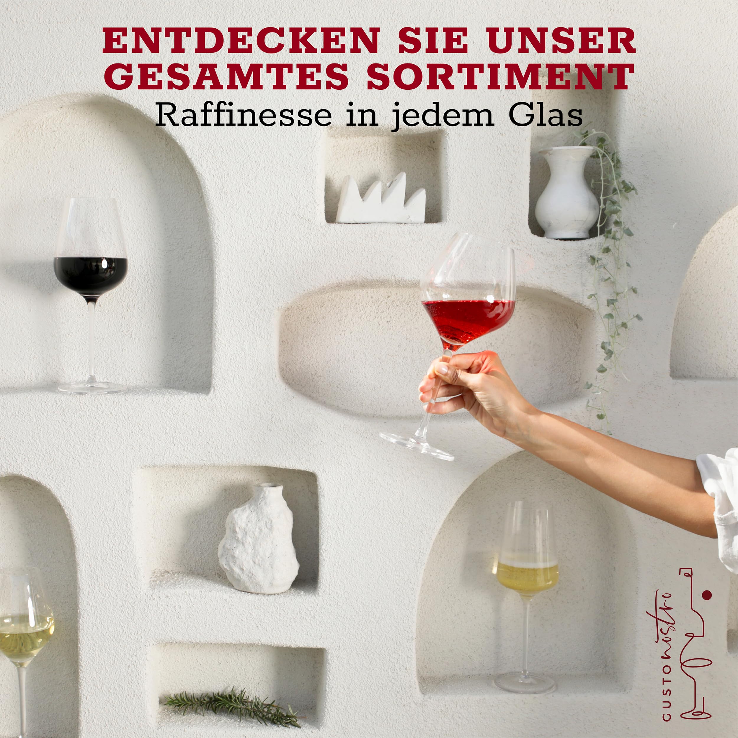 Gusto Nostro Weingläser aus Kristallglas, 6er Weingläser Set, Langer Stiel, Für Rot- und Weißwein, Spülmaschinenfest, Schick, Elegant, Groß und Hoch, für Hochzeiten, Weihnachten, Jubiläen (650 ml)