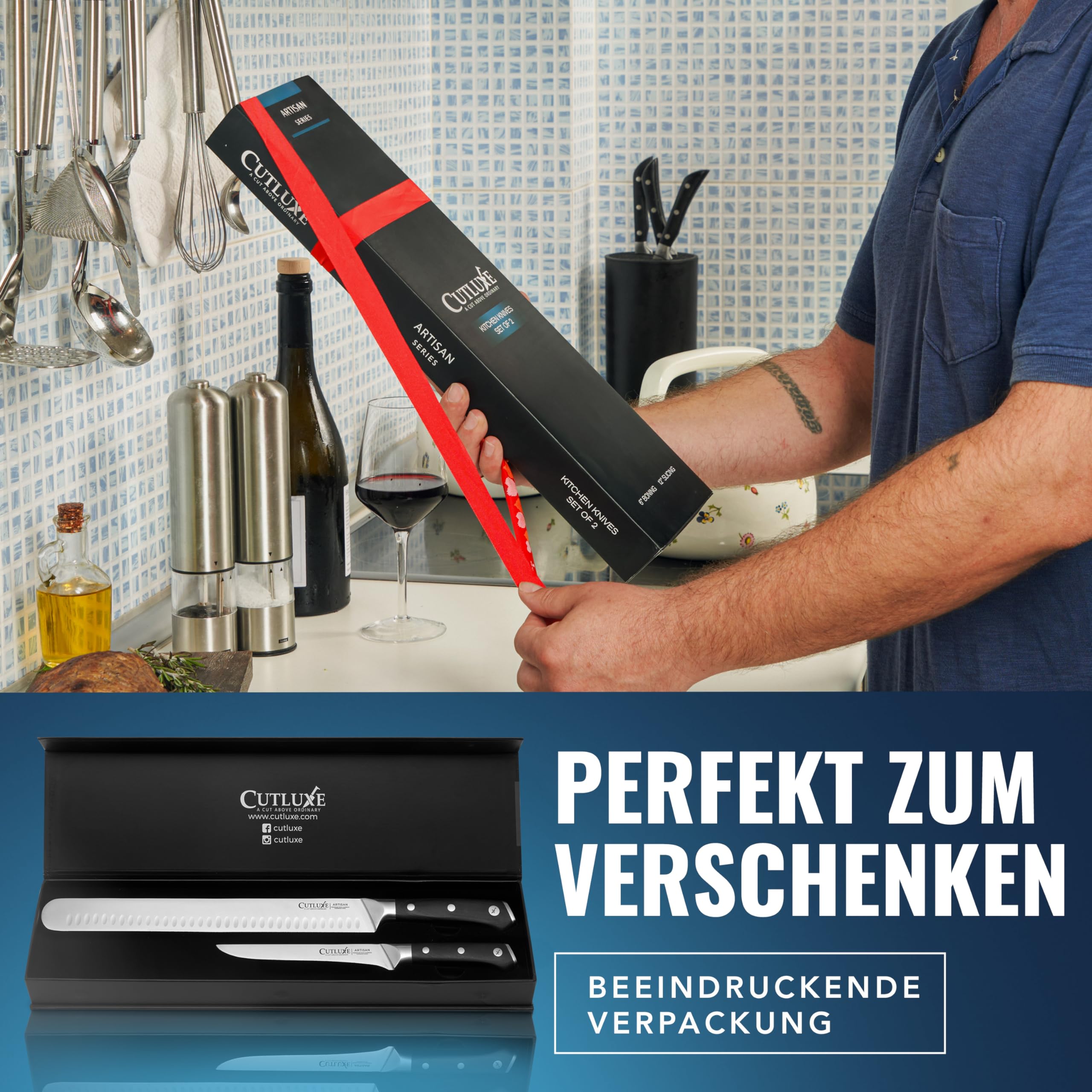 Cutluxe BBQ Messerset mit 2 - Fleischmesser & Filetiermesser zum Schneiden von Fleisch - Küchenmesser Scharf - deutscher Stahlklinge - Full Tang - Ergonomische Griffe - Artisan Serie