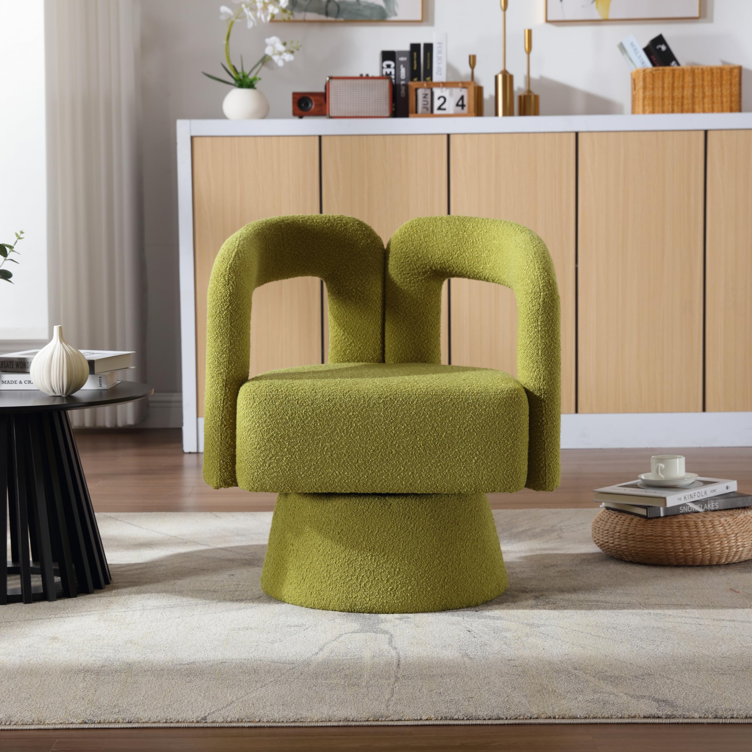 (Old SKU:W1880P163401) 360 Grad drehbare Kuschelfass-Akzentstühle, runde Sessel mit breiter Polsterung, Flauschiger Stoffsessel für Wohnzimmer, Schlafzimmer, Büro, Warteräume, Oliv