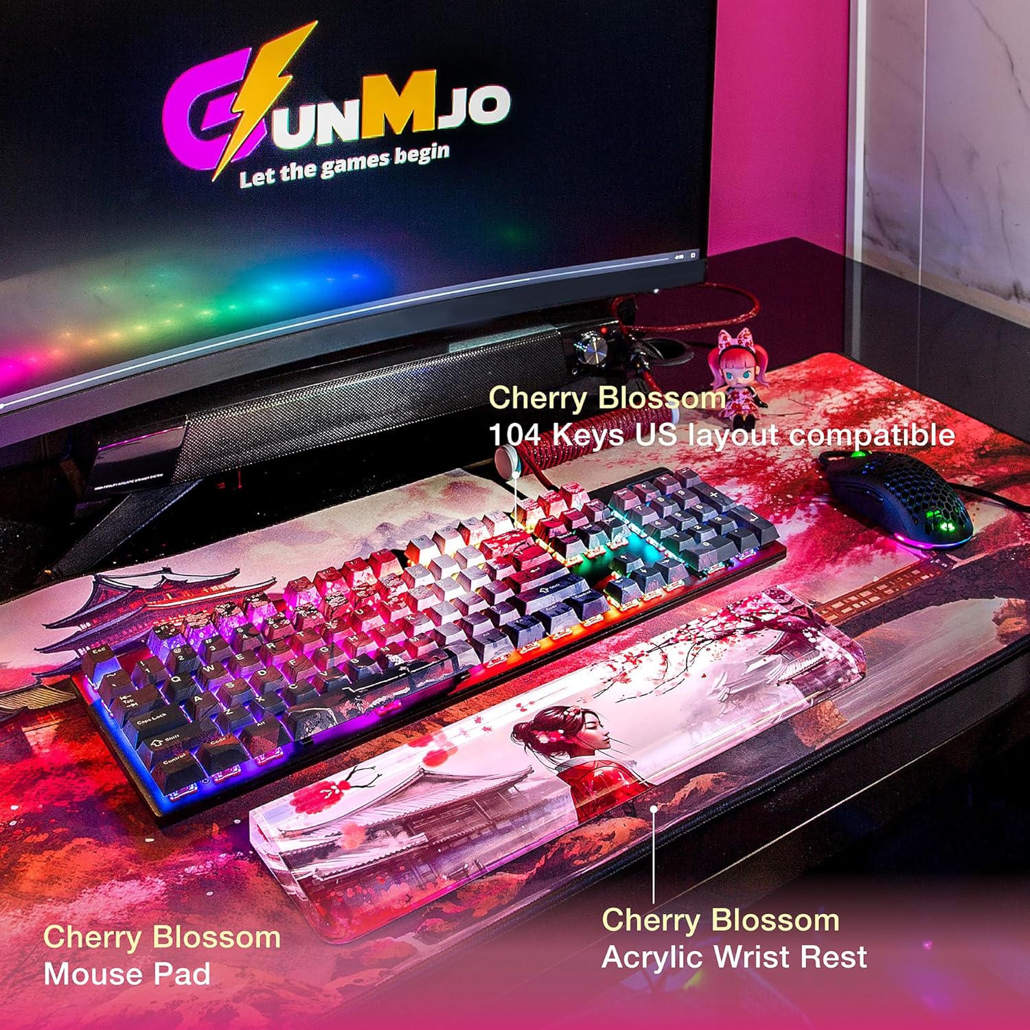 GUNMJO Acrylic Keyboard Wrist Rest, Cherry Blossom, for TKL Computer Keyboard and Mechanical Keyboard, Comfortable, Ergonomic for Easy Typing, 14x3 inches/18mm Thick