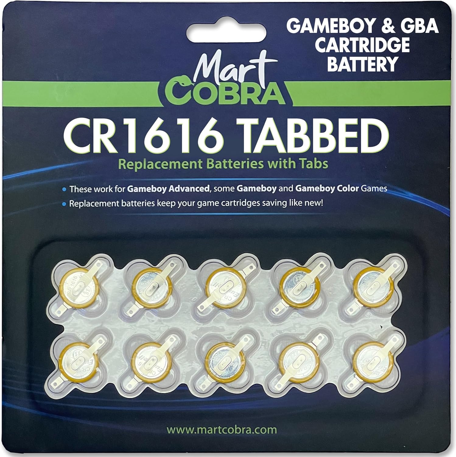 Mart Cobra CR1616 Batteries with Solder Tabs 10-Pack Gameboy Cartridge Batteries CR 1616 Battery Tabs Solder Color Gameboy Advance SP CR1616 3v Lithium Ion Replacement Battery Save Old Games Like New