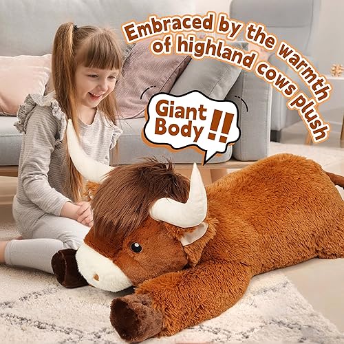 Miniatura 4 de Peluche gigante de vaca de las Highlands de 39 pulgadas, juguete de peluche suave para niños y adultos, almohada de vaca grande y esponjosa para