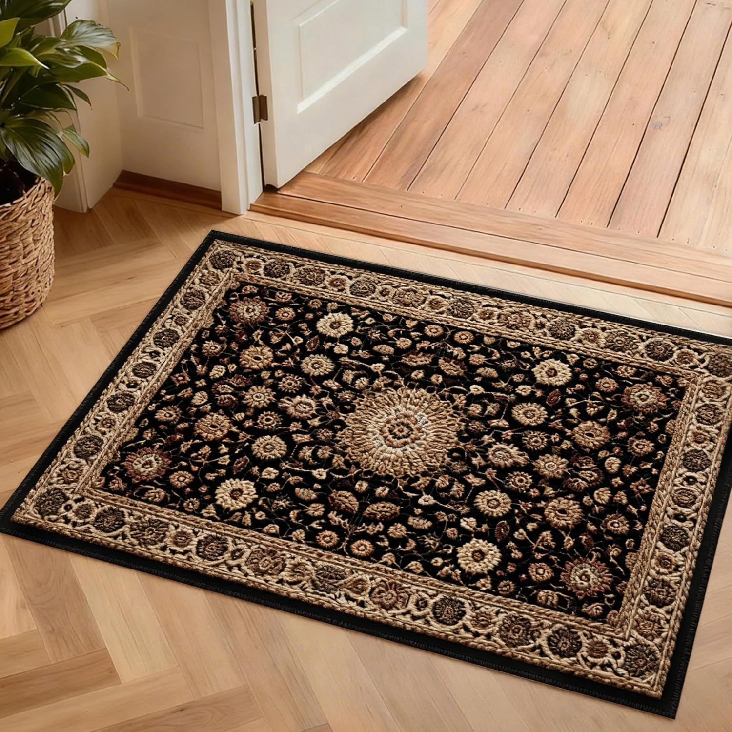 Hallway Washable Runner Rug 2'x3' Vintage Soft Farmhouse Entryway Kitchen Runner TPR Non-Slip Low-Pile Boho Floor Carpet Runners for Bedroom Bathroom Laundry Room, Brown