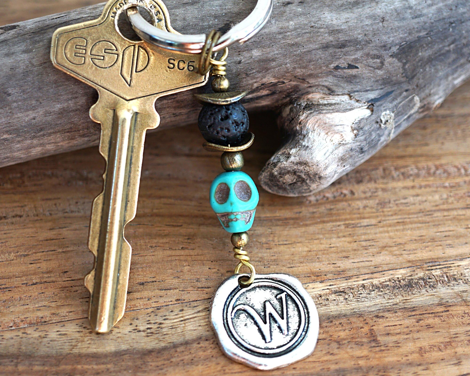 Black Lava Stone Essential Oil Diffuser Blue Turquoise Skull Keychain Halloween Costume Accessory Key Chain Initial Monogram Silver Wax Seal Personalized Custom Keyring Gift men women