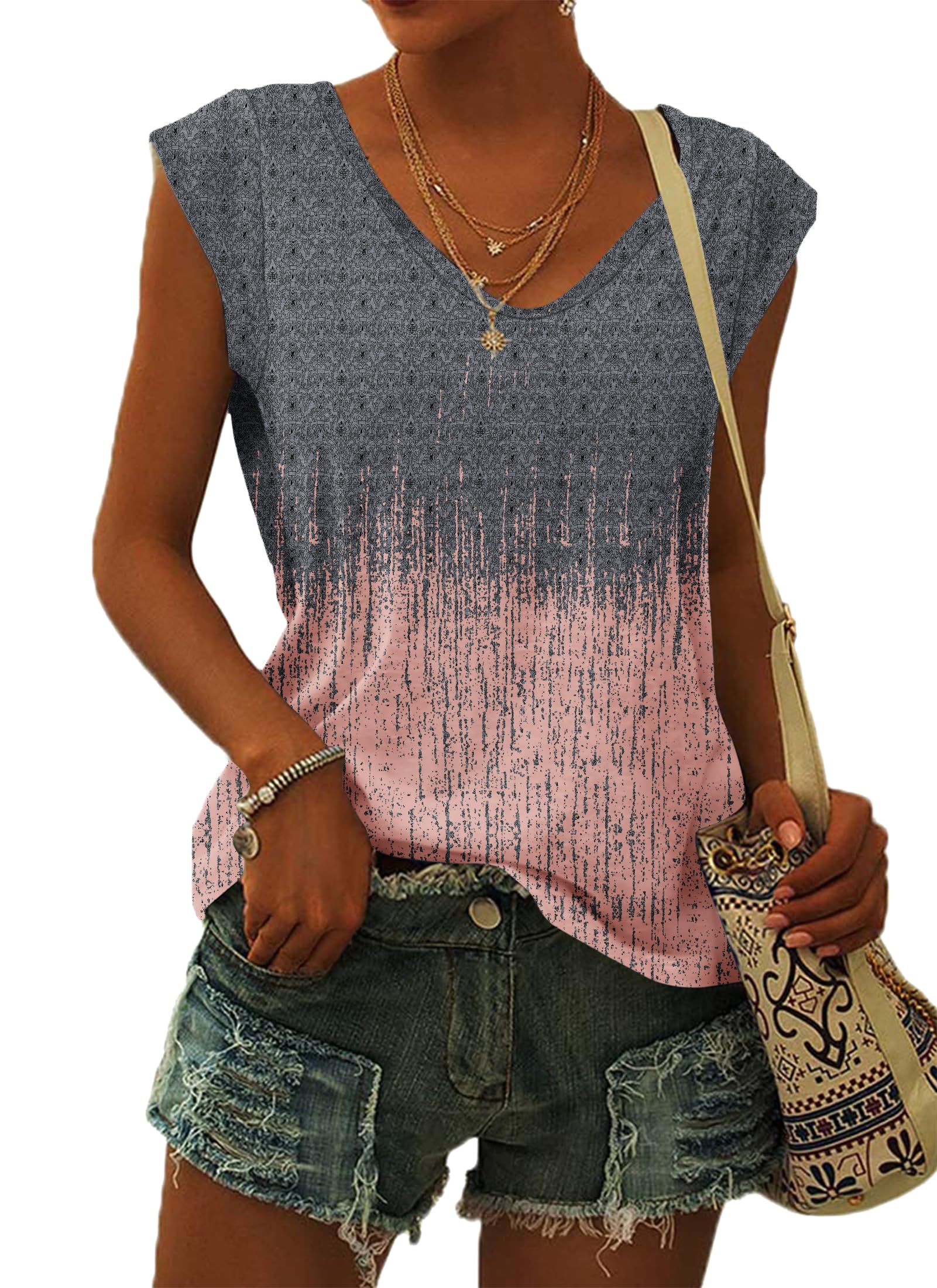 WNEEDU Women Tops Summer T-Shirts for Women UK V Neck Cap Sleeve Ladies Summer Tank Tops Blouses Ash Pink Glimmer 3XL