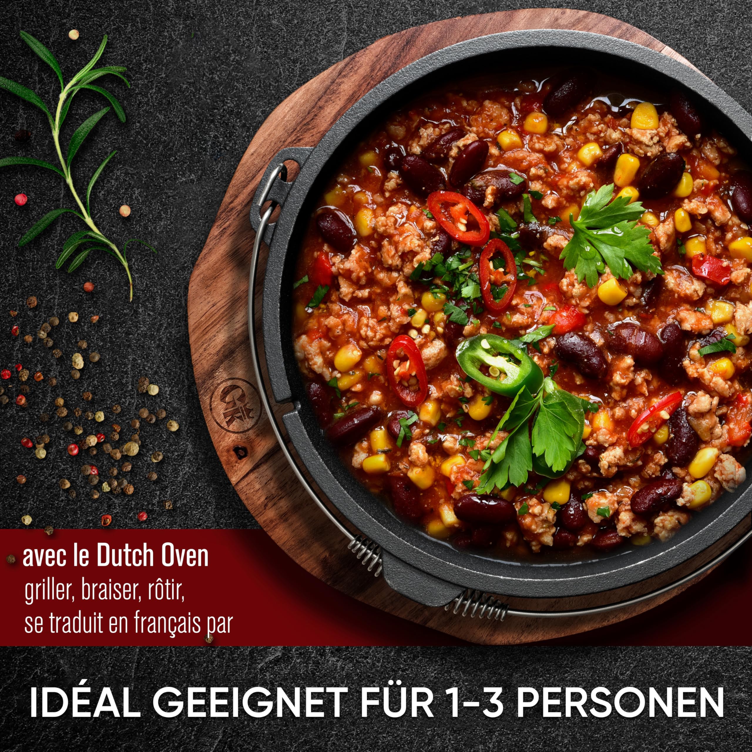 GUSSKÖNIG Ensemble de Dutch Oven - Dutch Oven de 4.5Litres déjà culotté - Feuertopf en fonte sans pieds - Cocotte multifonction - avec lève-couvercle 2 en 1 et livre de recettes Dutch Oven