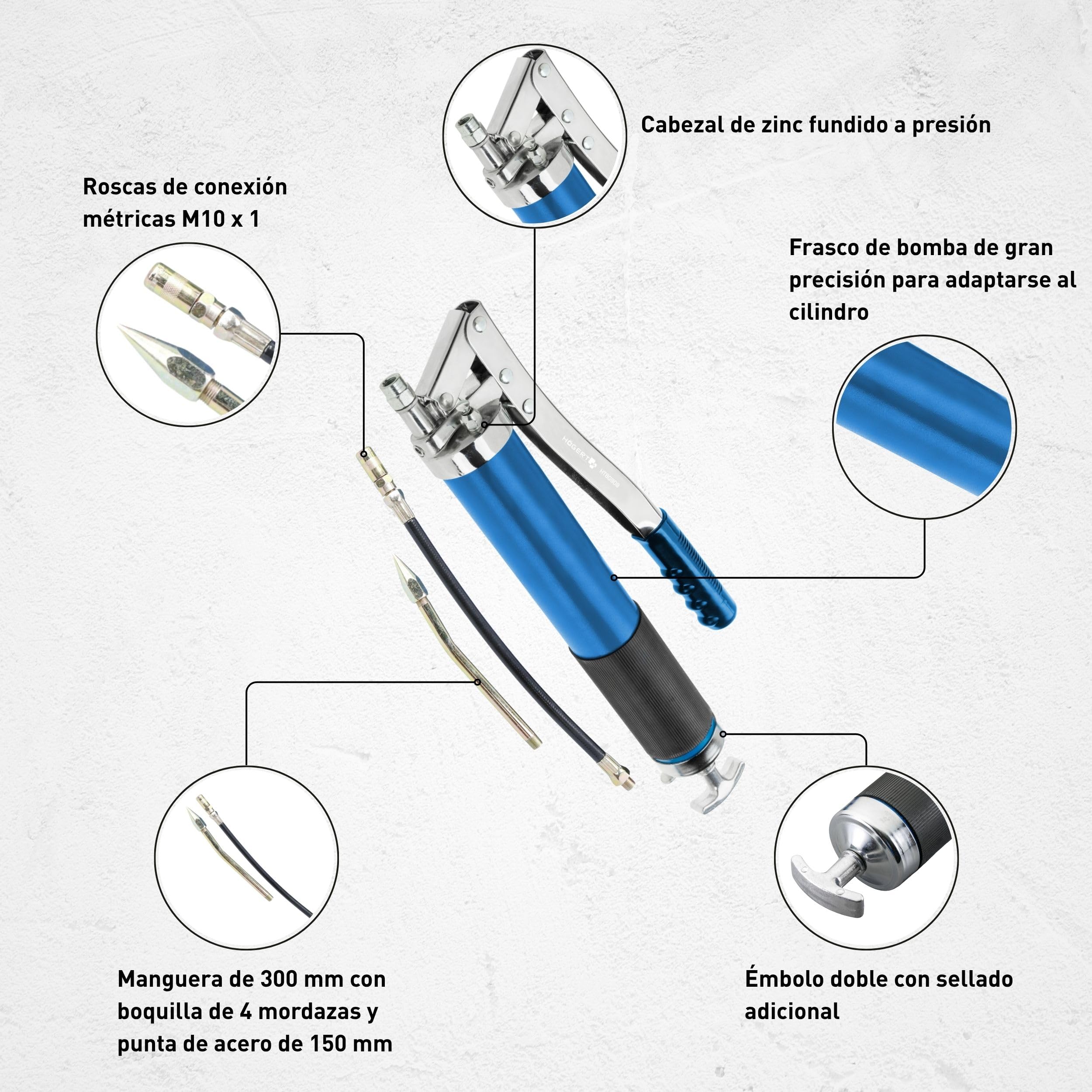 HÖGERT TECHNIK Pistola de engrase 10000 PSI, manual 600 g, con palanca y tubo de presión, dosificación precisa, manguera para lubricación sencilla