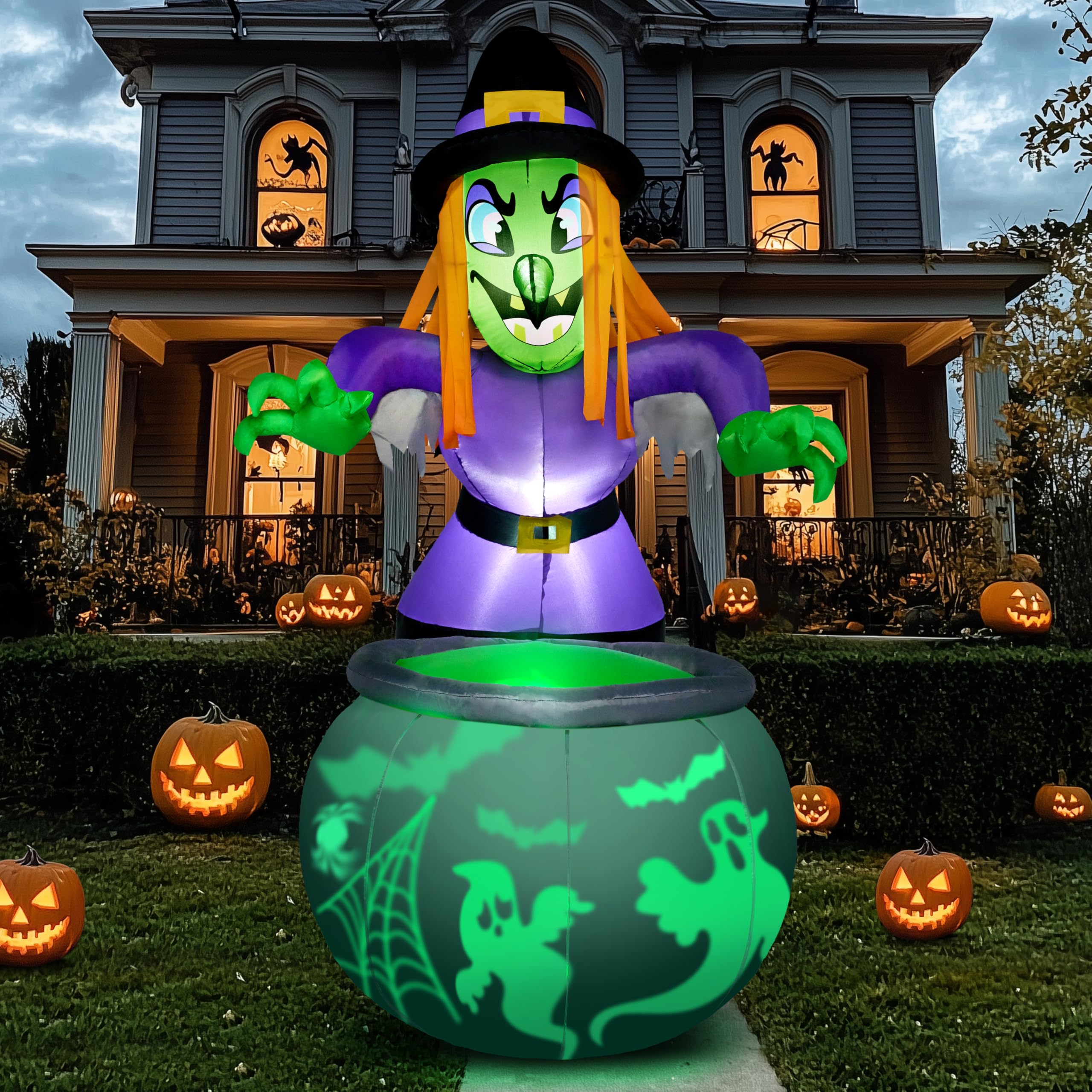 Joiedomi 6 Fuß große aufblasbare Hexe und Kessel-Dekoration für Halloween mit projizierendem rotierendem grünem Geisterlicht, aufblasbare Gartendekoration mit eingebauten LEDs für Halloween-Partys