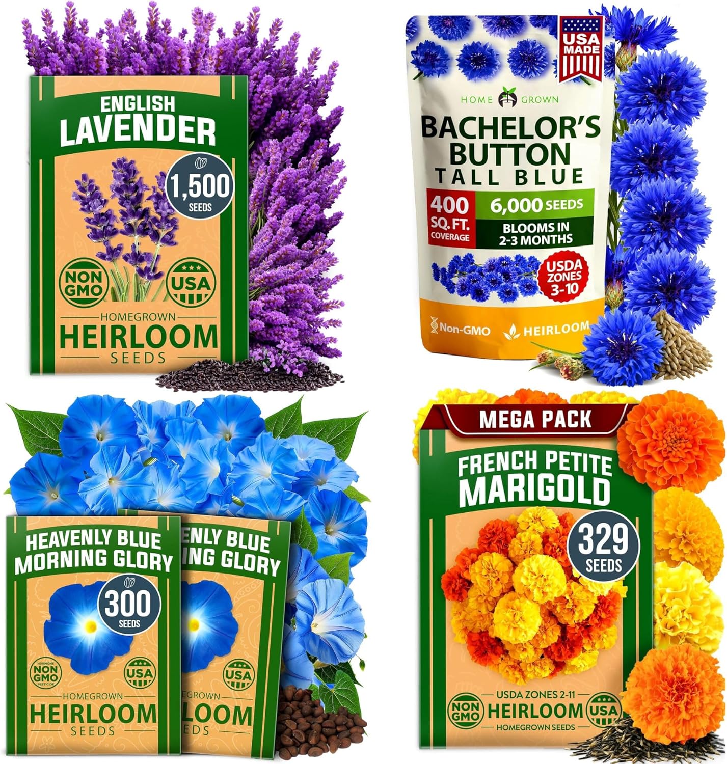 Lavender & Petite French Marigold Seeds & Morning Glory & Bachelor Button Seeds Tall Blue