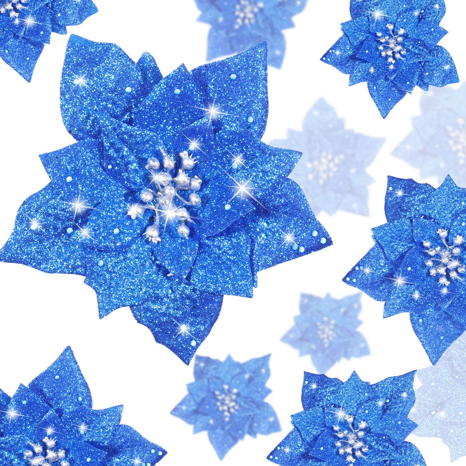 Flores Navideñas Artificiales Poinsettia Azul con Purpurina para Árbol de Navidad 24 Piezas
