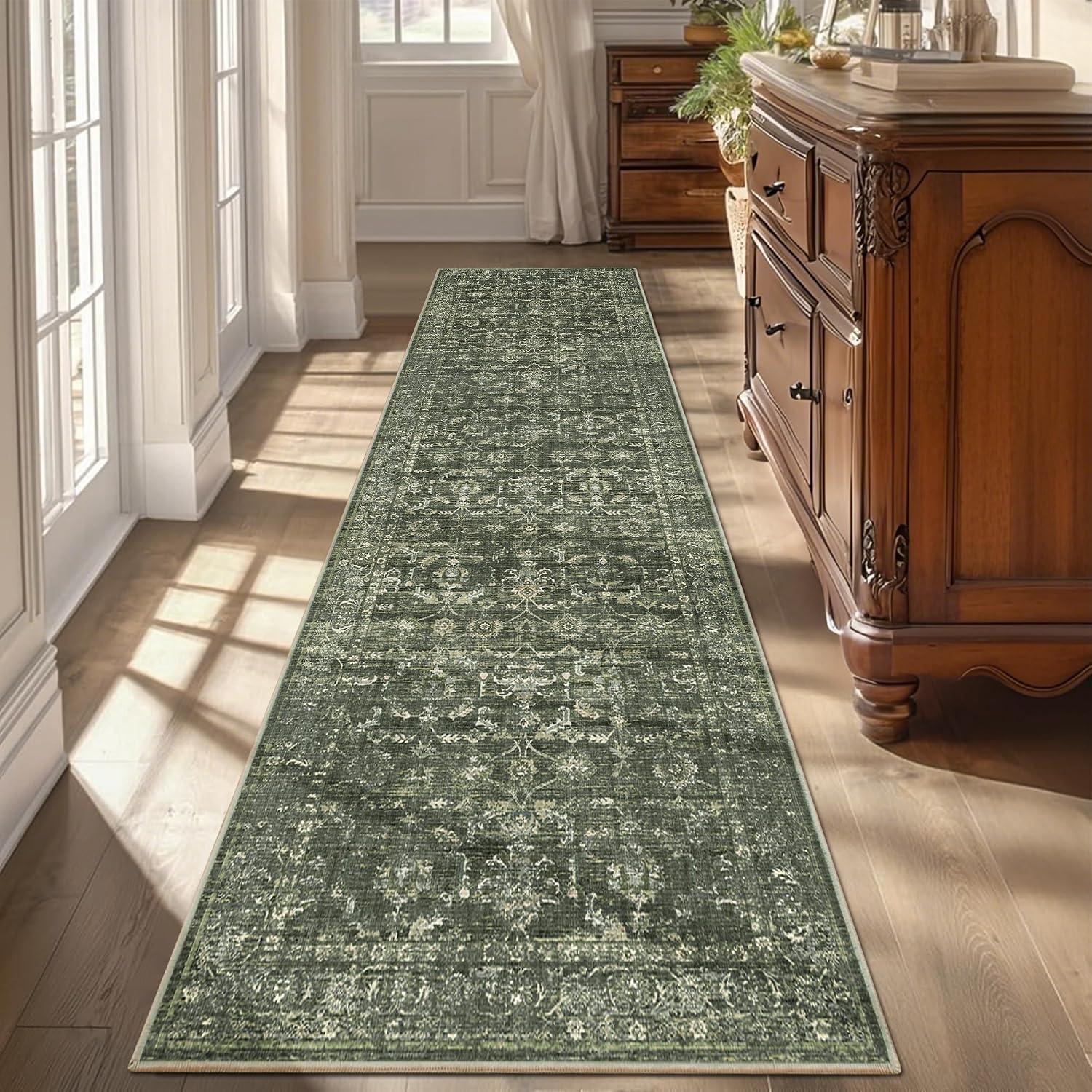 3x10 Green Runner Rug Hallway Washable Area Rugs Kitchen Vintage Boho Non Slip Long Rug Floral Carpet Indoor Retro Soft Low Pile Throw Rug for Bedroom Bathroom Laundry Dining Living Room Office