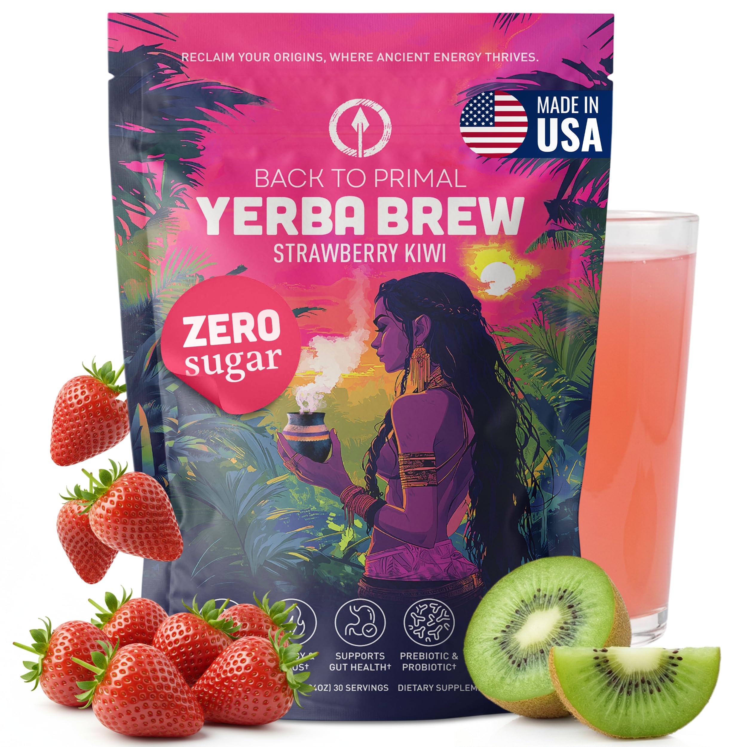 Yerba Mate Instant Tea Powder - Strawberry Kiwi, 4-in-1 Functional Blend, Supports Energy, Focus and Gut Health - Nootropic, Prebiotic & Probiotic Mix with Vitamin B3, B6 & B12 | 30 Servings