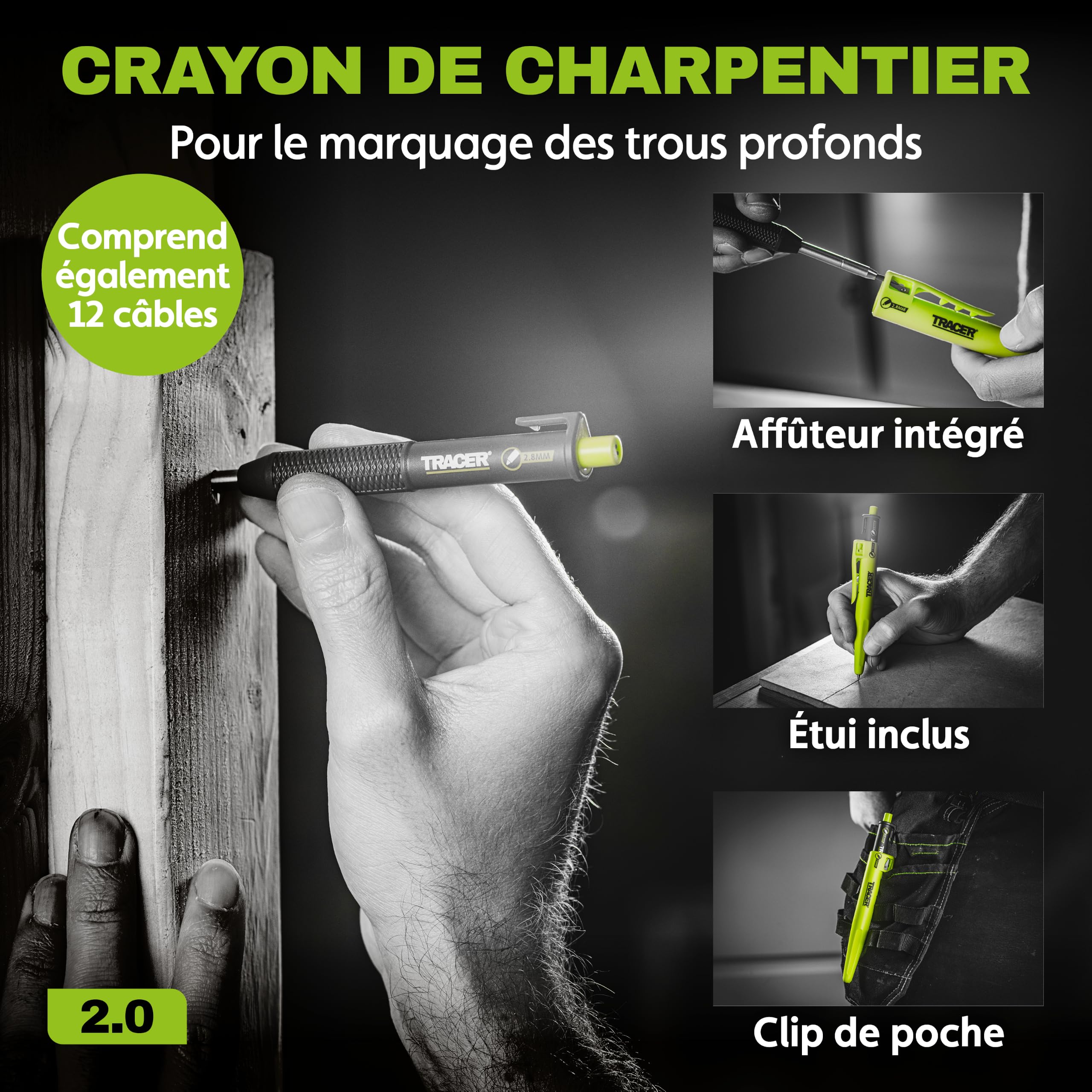 TRACER TrueScribe Outil de Traçage avec Crayon de Chantier, Étui & 12 Mines – Porte‑Mine Chantier pour Menuisiers