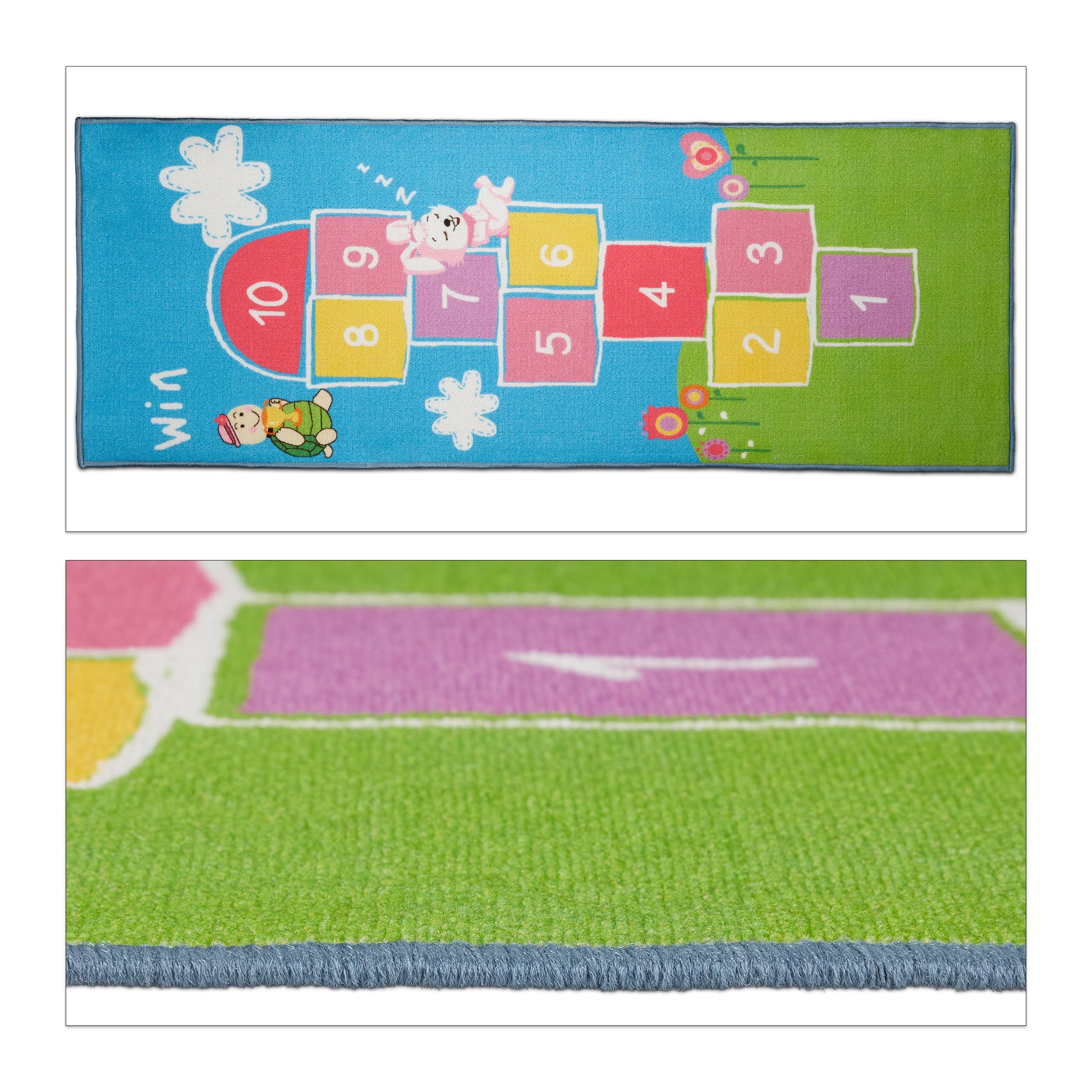 Relaxdays Tapis de marelle, 180 x 70 cm, 10 Cases, à Poils Courts, Dessous caoutchouté, Jeu éducatif, Multicolore