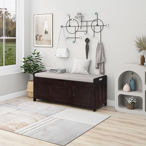 Miniatura 4 de WOODRK 3 puertas en forma de persiana, banco de zapatos de madera con cojín extraíble y espacio de almacenamiento oculto, espresso