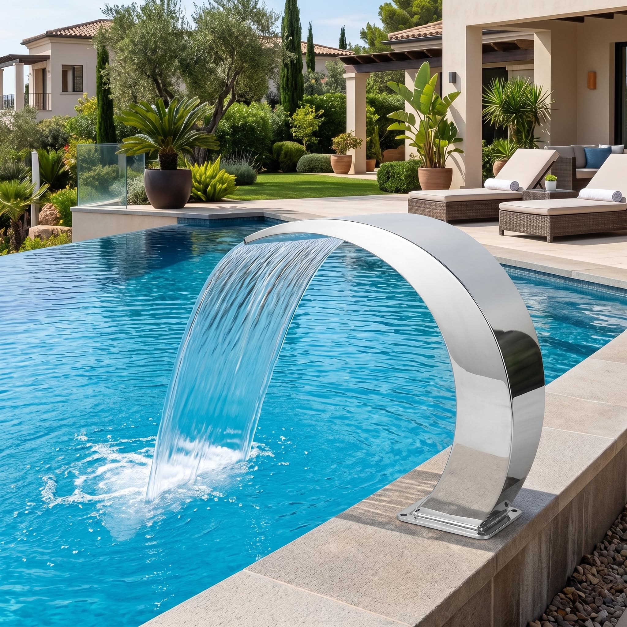 Wasserfallbrunnen für Pool, mit Innengewinde, G1 Edelstahl 304 abgerundetes und gebogenes Design, Außenpoolbrunnen für Spielplatz