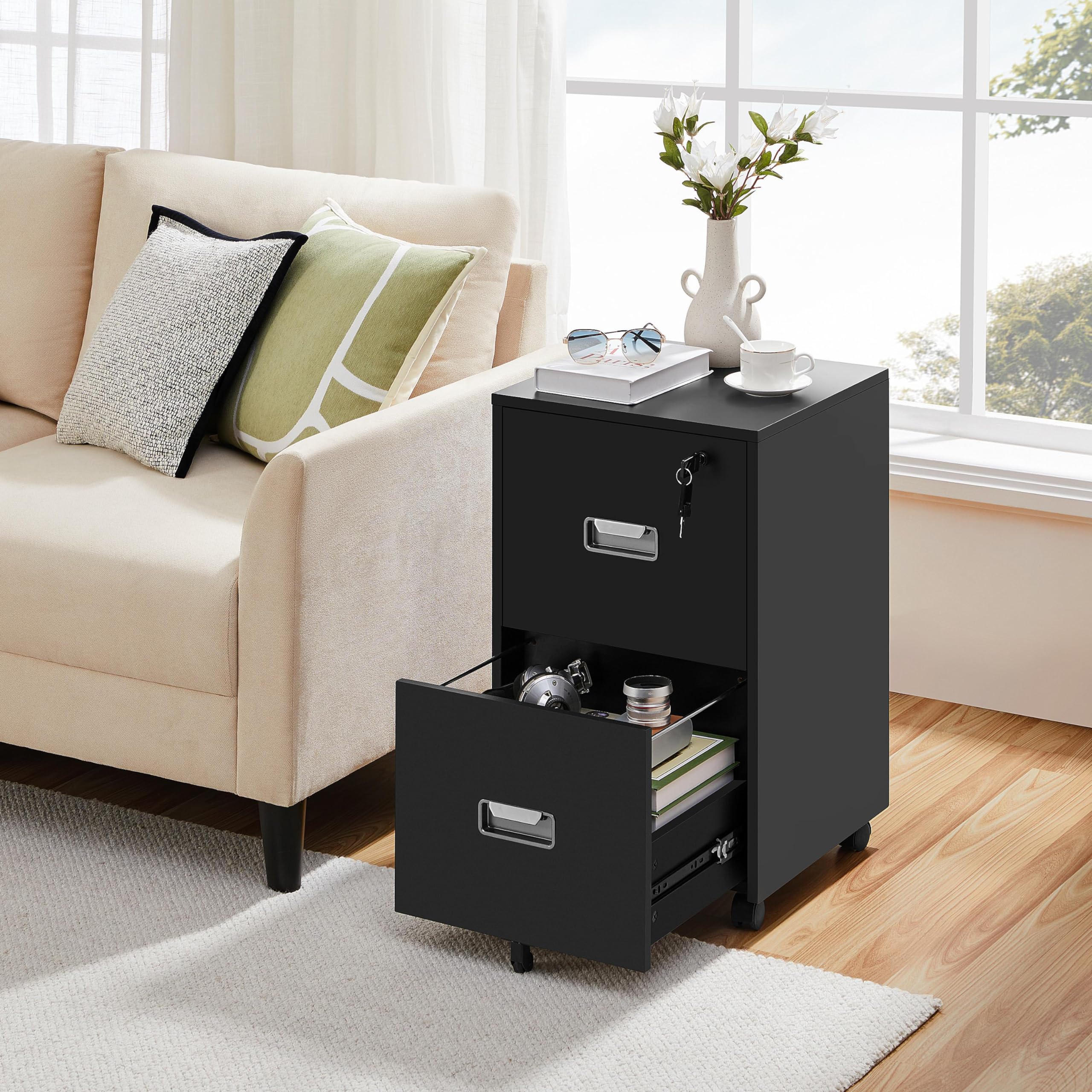 Yaheetech Cassettiera da scrivania con ruote, cassettiera da ufficio con 2 cassetti, serratura raccoglitore estraibile, mobile da ufficio, per cartelle/A4 40 x 40 x 65 cm, nero