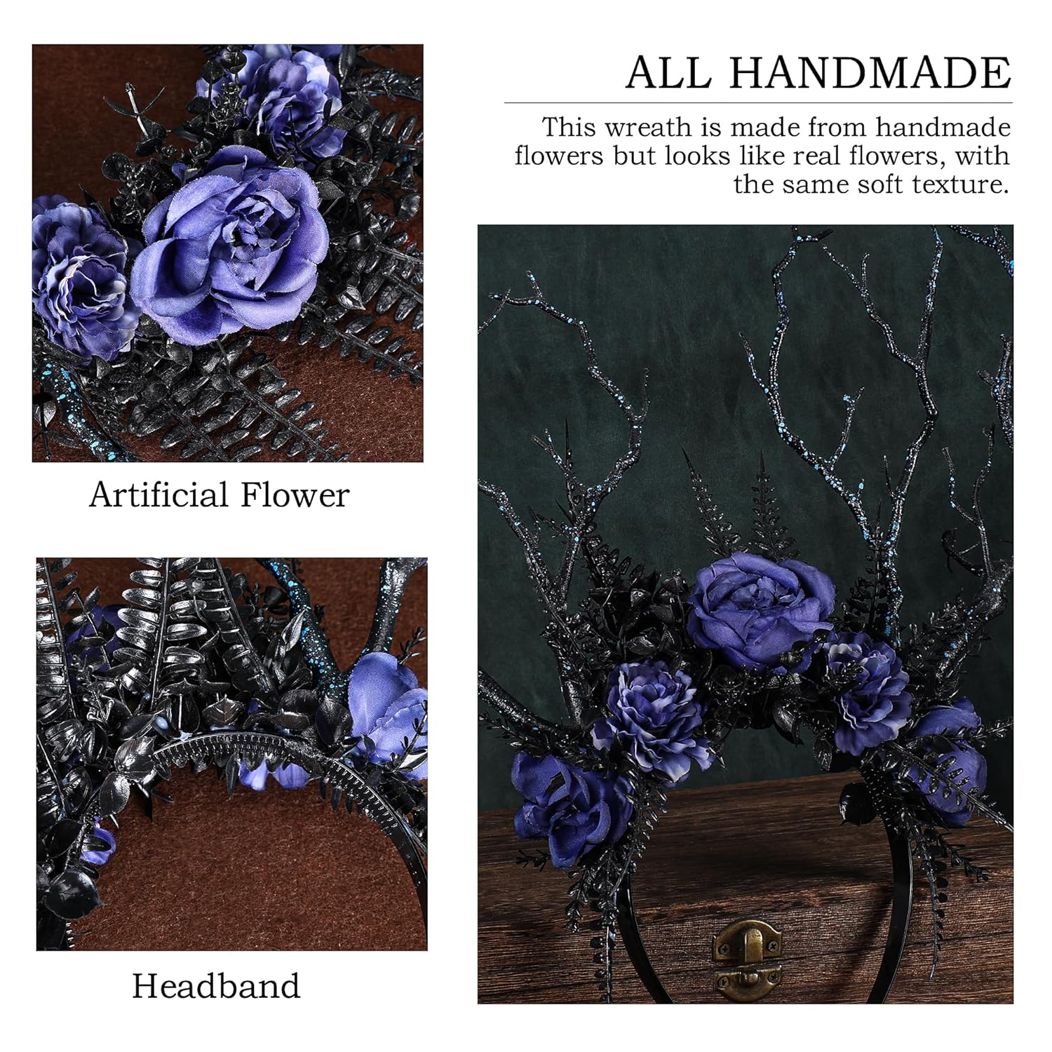 MOSTORY Handmade Black Branch Headband Gothic Woodland Antler Headpiece Fairy Forest Flower Crown for Women Girls Renaissance Halloween Elf Cosplay Party Photo Prop Blue - Image 7