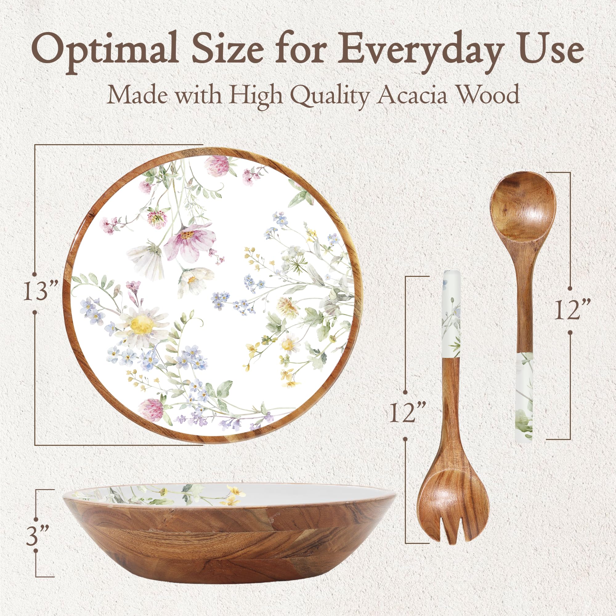 Juego de cuencos grandes de madera – Ensaladera de madera de acacia prémium de 13 pulgadas con servidores – Cuenco decorativo de madera con tenedor y cuchara – Frutero – Cuencos para