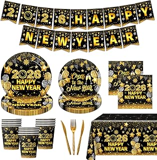 2026 New Years Eve Party Supplies - 142Pcs Happy New Year Plates,Napkins,Cup,Banner Black Gold New Year Party Tableware for Cheers to the New Years Party Decorations