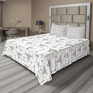 Lunarable Arrows Sheet Set, Boho Pattern Art Feathers Cow Skulls Rustic Themed Shapes Print, Fitted and Flat Sheet with Pillowcases Bedding Accent 4 Piece Set, King, White Ivory Pink