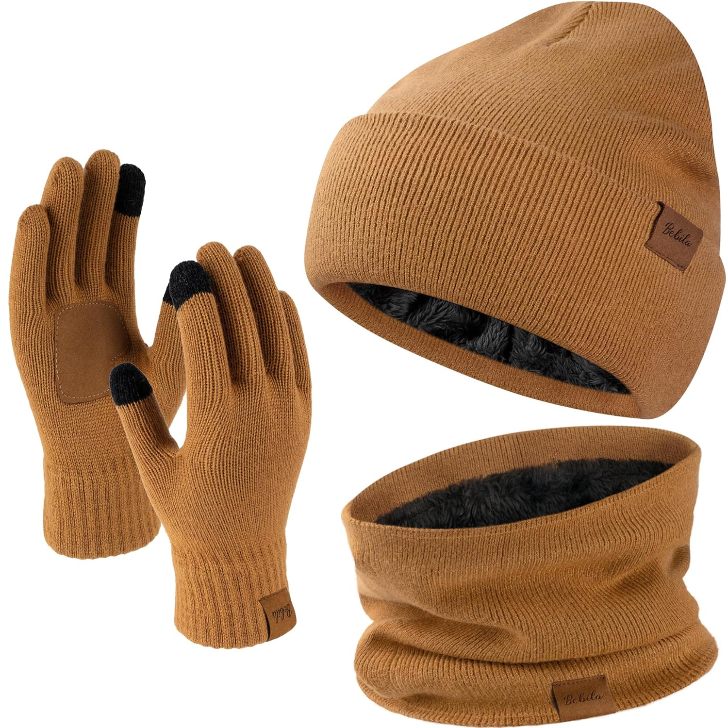 Bebila Winter Beanie Hat Scarf Gloves Set for Men Thick Knit Hat Warm Neck Fleece Lined Winter Gift