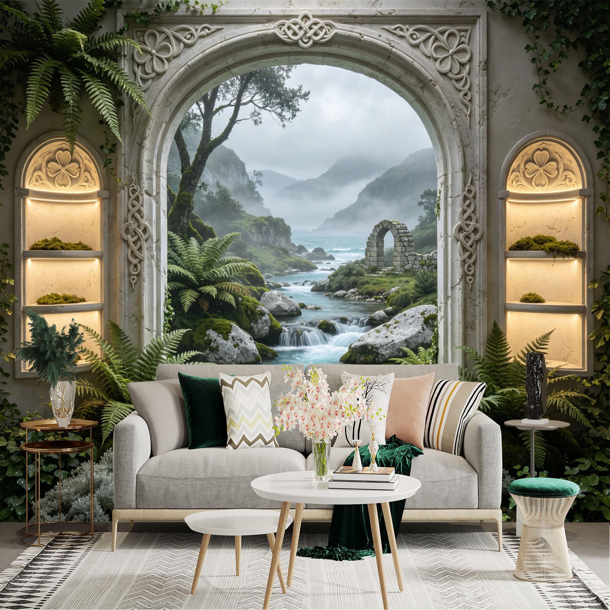 Custom Size Wall Sticker Mural， Fantasy Stone Archway with River， Ferns and Misty Mountains， for wall Decoration， peelandstick wall Decals.
