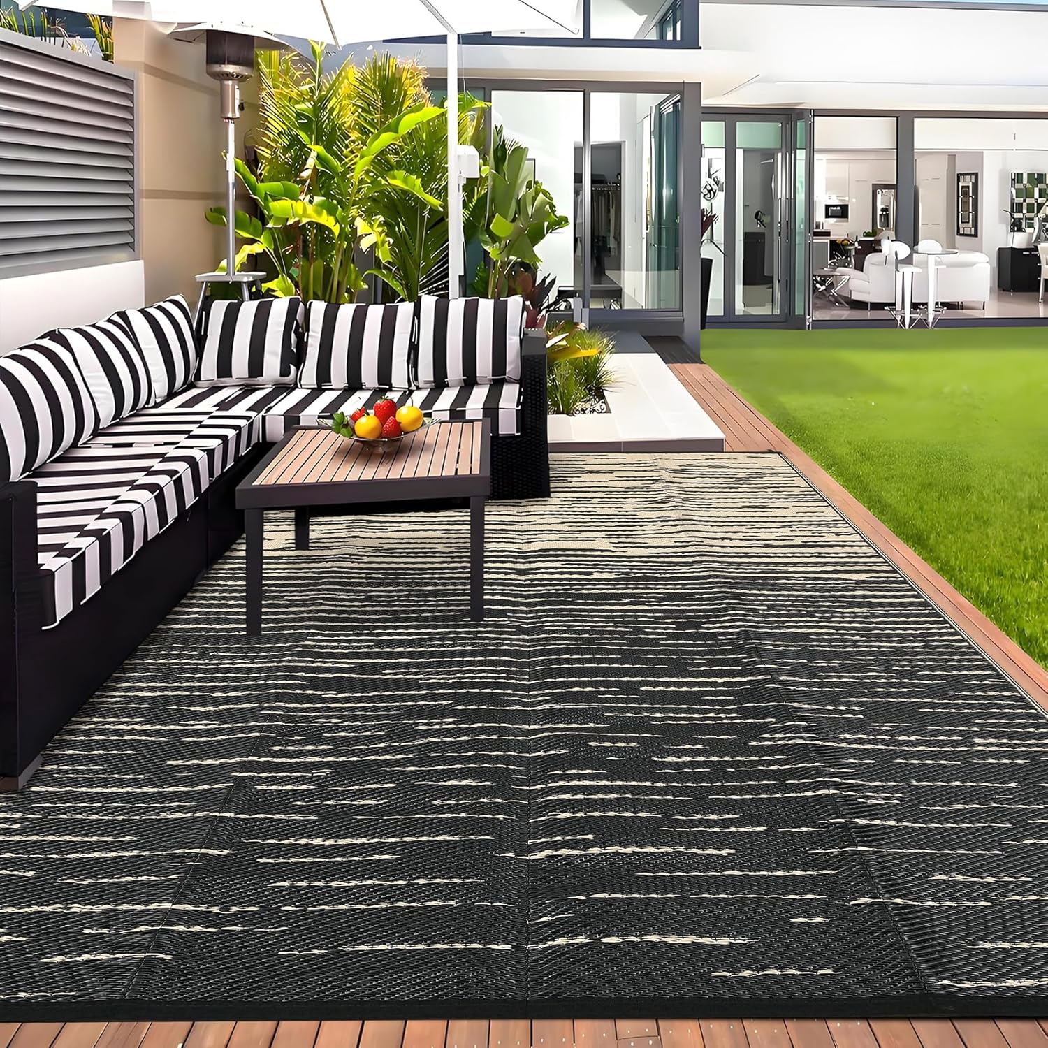 Garvee 6x9 RV Outdoor Rug Waterproof, Modern Striped Outdoor Plastic Straw Rug, Reversible UV Resistant Abstract Outside Rugs for Picnic Backyard Deck Balcony Porch Beach, Black Coffee