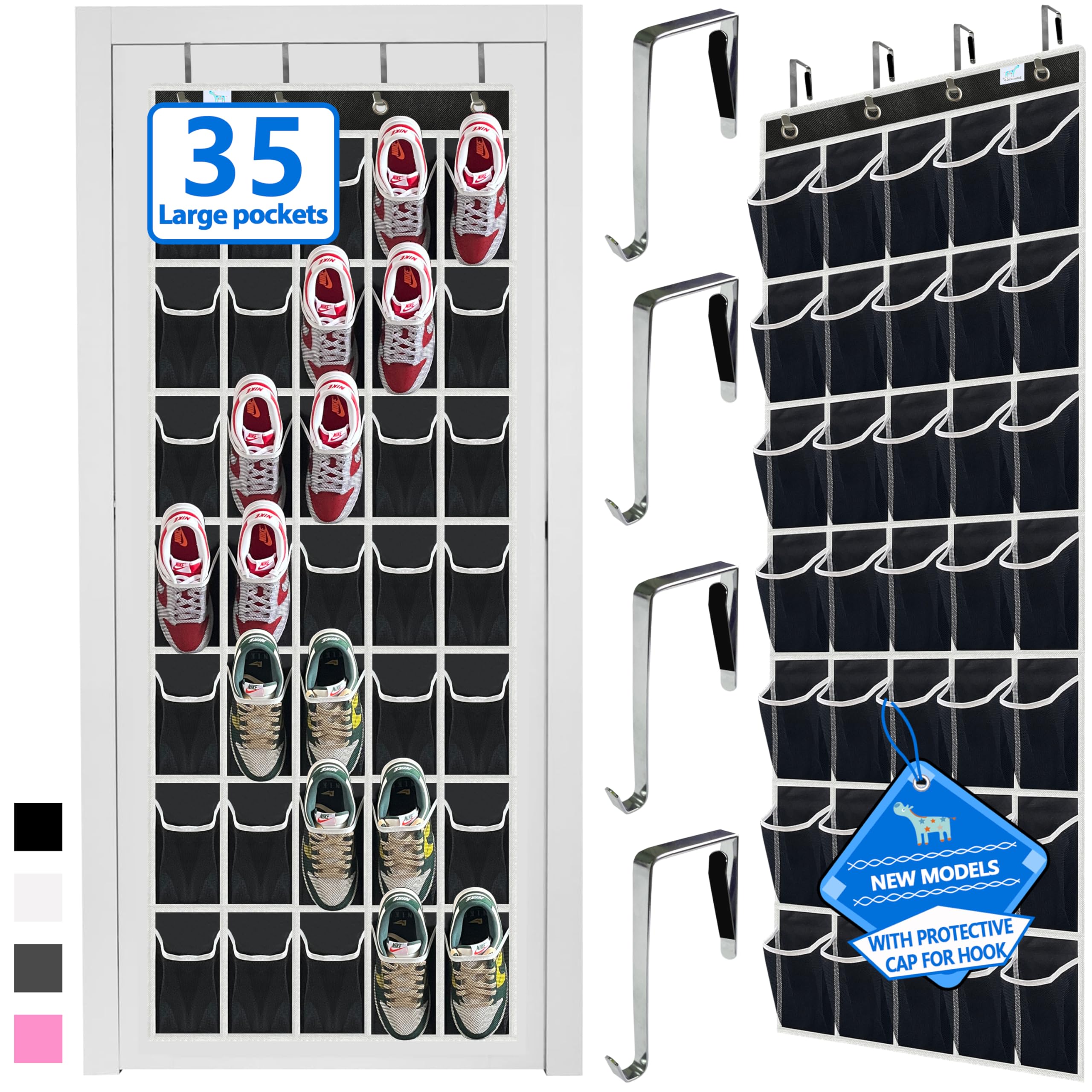 over the door shoe organizer,2025 upgraded,shoe organizer,35 Huge pockets,over door shoe organizer,Store size 13 shoes,shoe organizer,Strong material,hooks Suitable for various doors,black/white