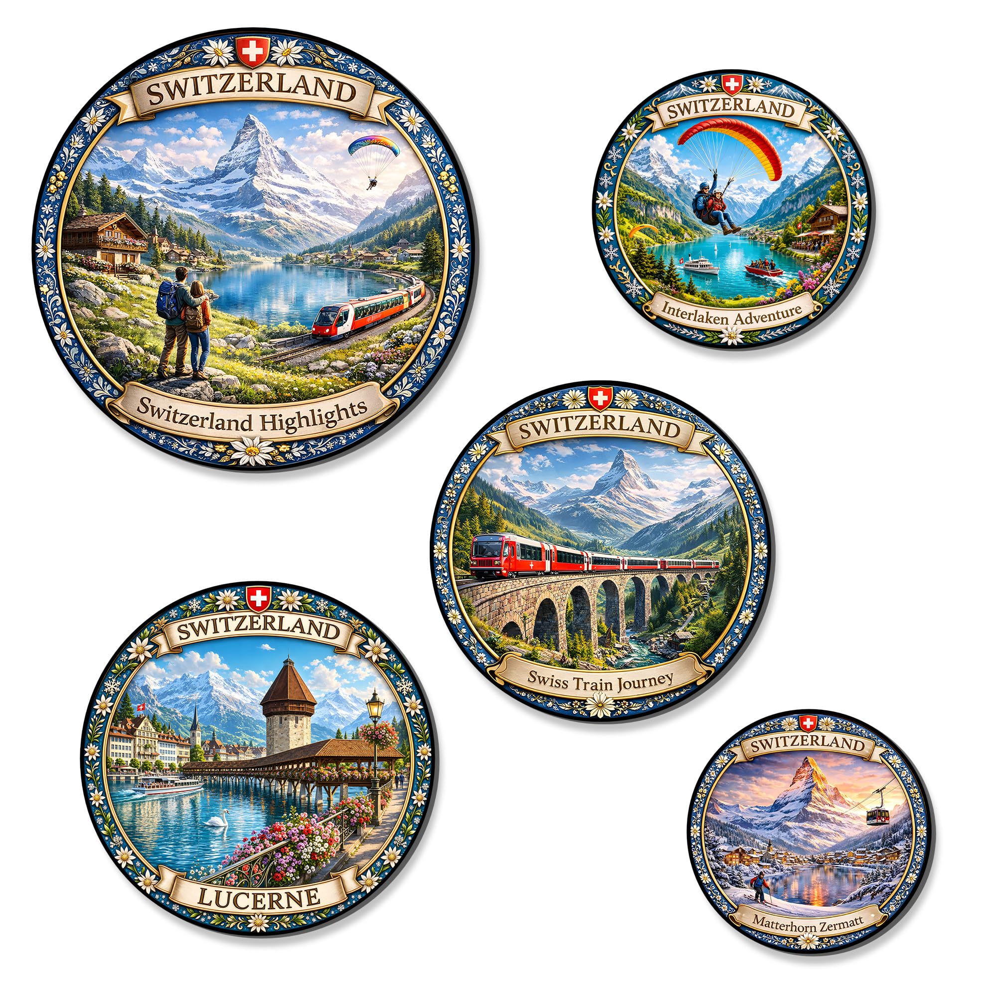 Regalo Casila Switzerland Fridge Magnets Set of 5 Tourism Souvenir Interlaken Lucerne Matterhorn Swiss Train Journey Decorative Kitchen Magnets Gift Collectibles Travel-image-3