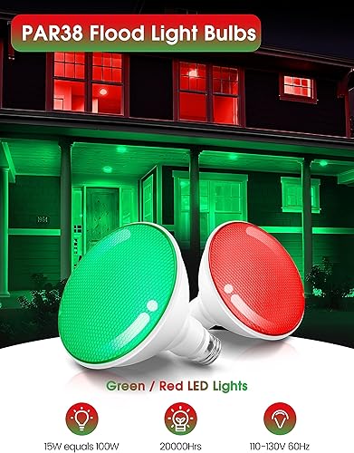 Miniatura 2 de Bombillas rojas y verdes Paquete de 2Bombillas LED Par38 de luz de inundación rojo y verde al aire libre para decoración de Navidad de 15 W E26,