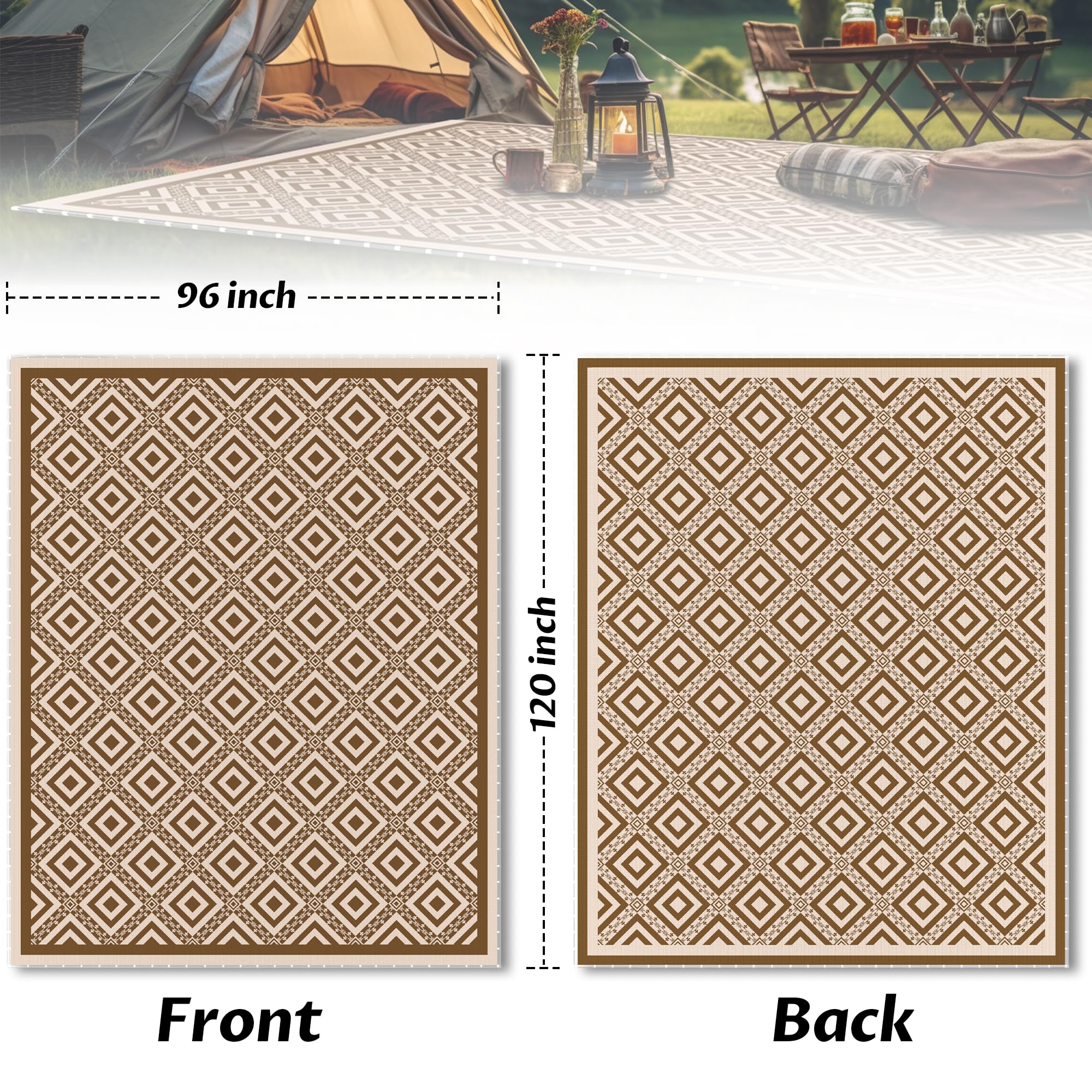 Tapis d'extérieur réversible avec lumières - 2,4 x 3 m - Tapis d'extérieur en paille en plastique imperméable, facile à nettoyer, ne perd pas ses poils, pliable et portable - Tapis réversible pour
