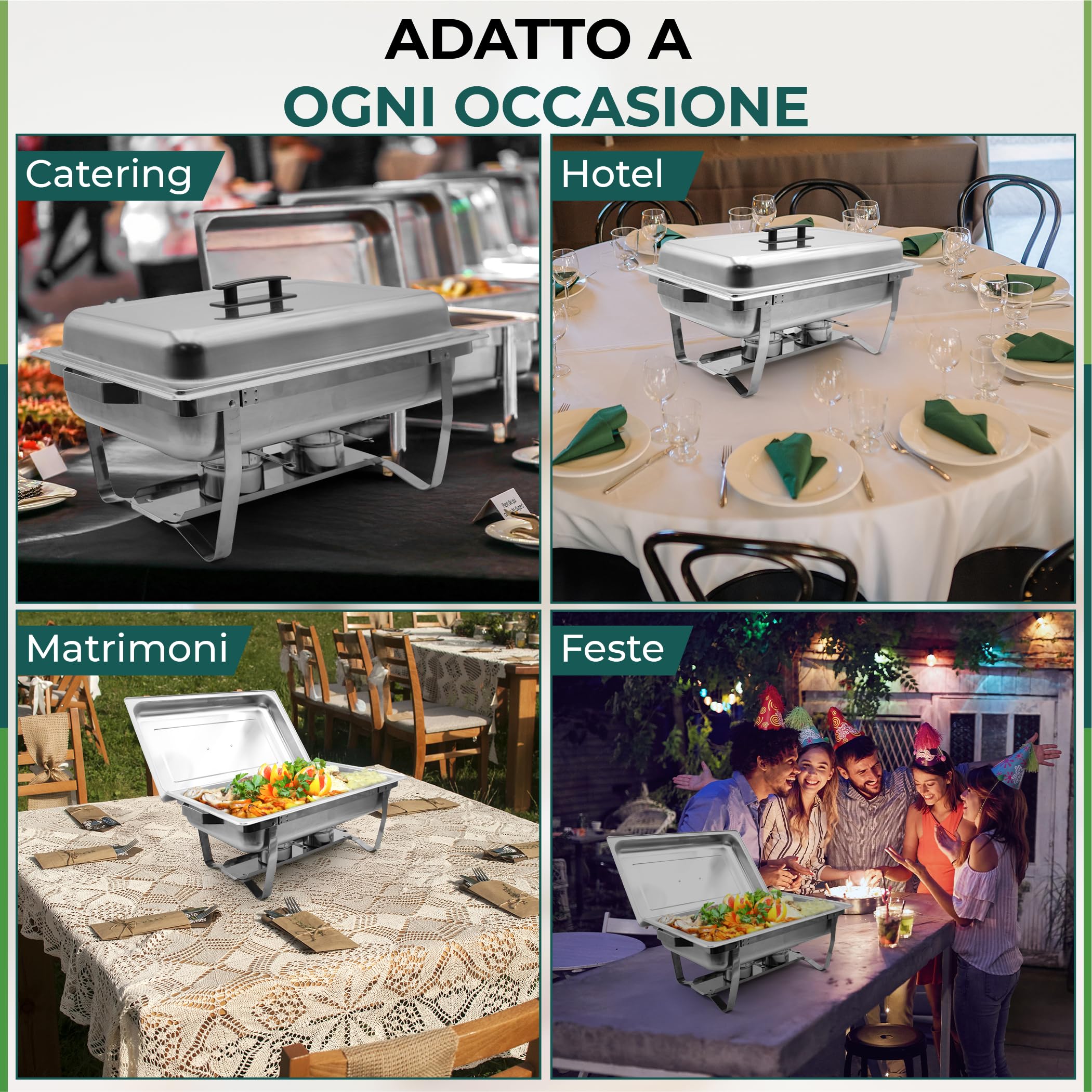 Set 4 Scaldavivande LEUTHERIA - Chafing dish professionale in acciaio inox alimentare SS201 per buffet/bagnomaria professionale/mantenimento caldo/catering/hotel/ristorante - 9L capacità