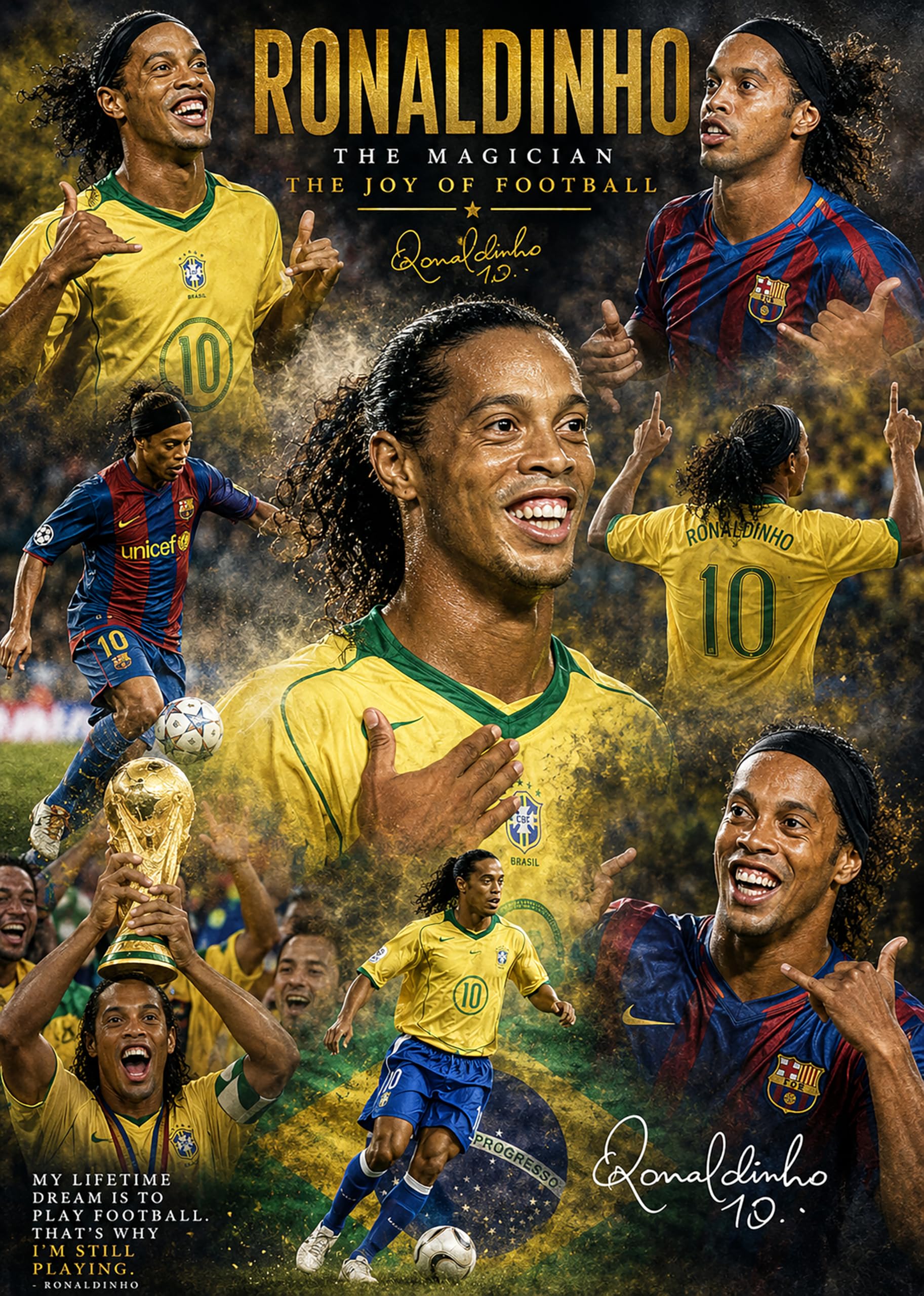 RJR PRINTS Brazil Legend Ronaldinho Signed A4 Montage Photo Print With A Pre Printed Autograph Which Would Make A Great Gift For Any Fan.