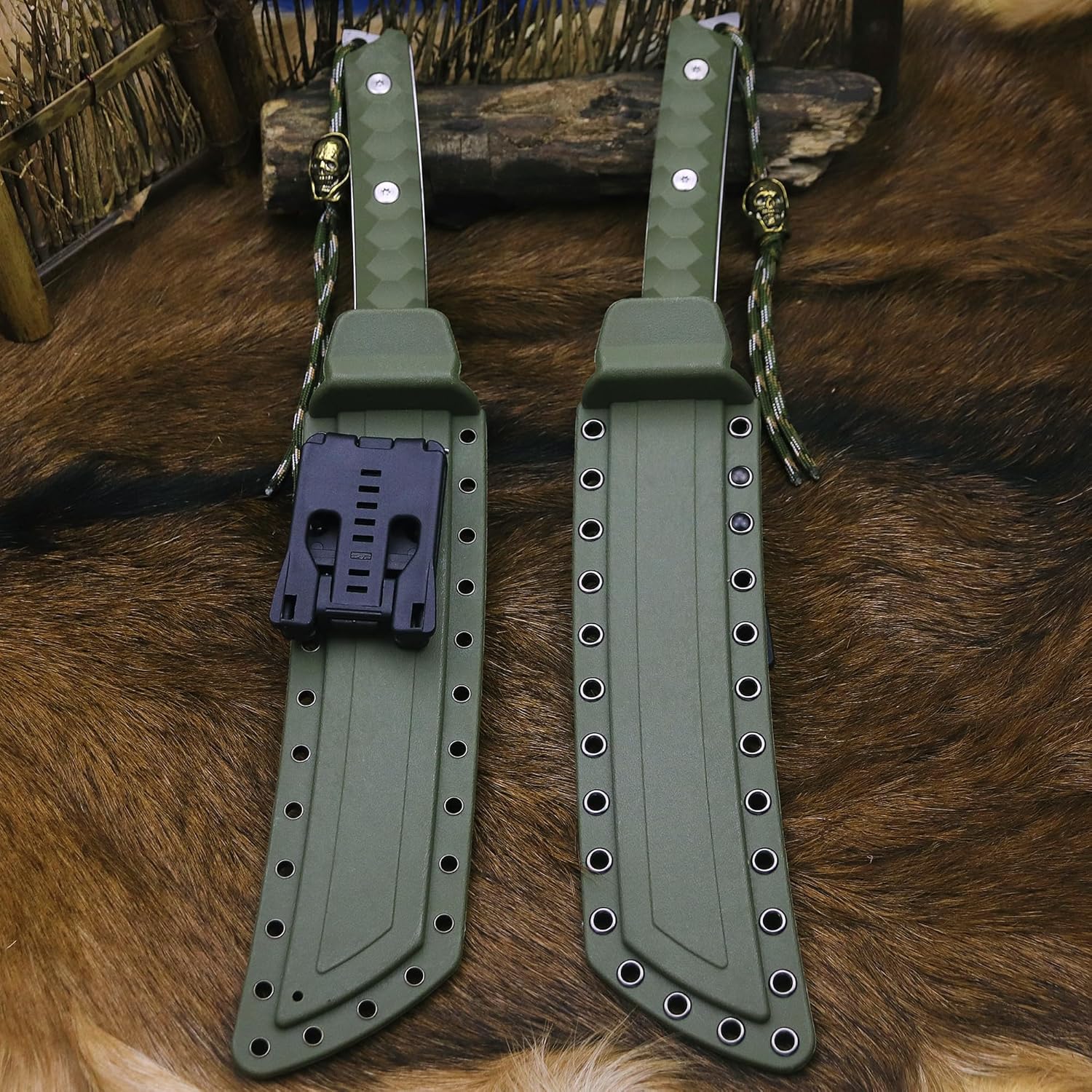 BA-KOR 15.8in Full Tang Japanese Style Outdoor Knife –8mm DC53 Steel, Nylon Fiber Handle &Sheath, Hunting Survival Knife+(5.9in) cerium igniter (Green-handled white blade (8mm))
