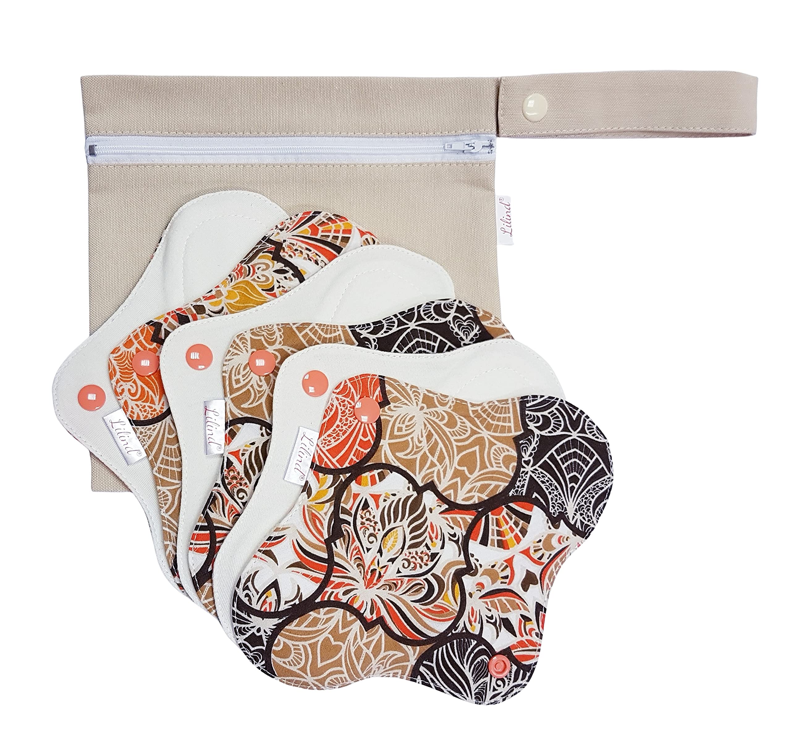 Lilind® Paquete de 6 almohadillas menstruales reutilizables de 9 pulgadas de tamaño regular juego completo cero residuos 100% algodón coral Orient